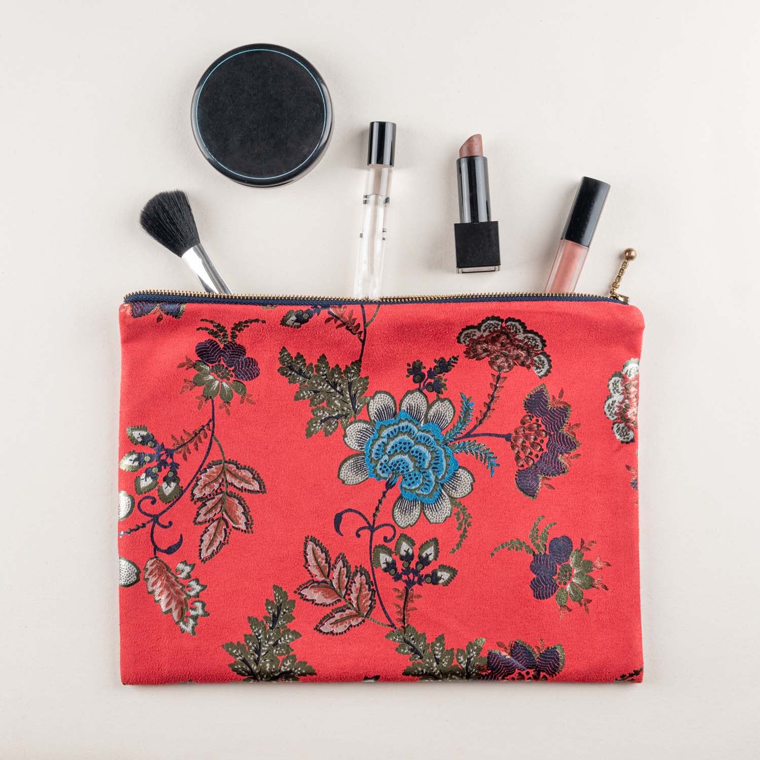 Travel Essentials Red Foil Print Suede Carry On Pouch