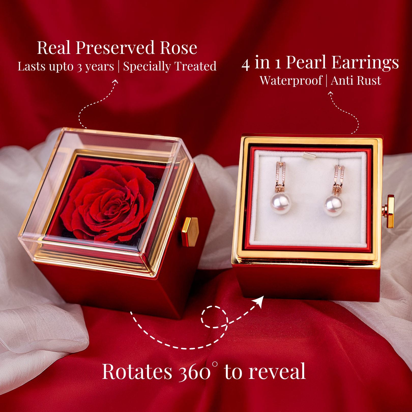 Rotating Preserved Rose Jewellery Box With Earrings