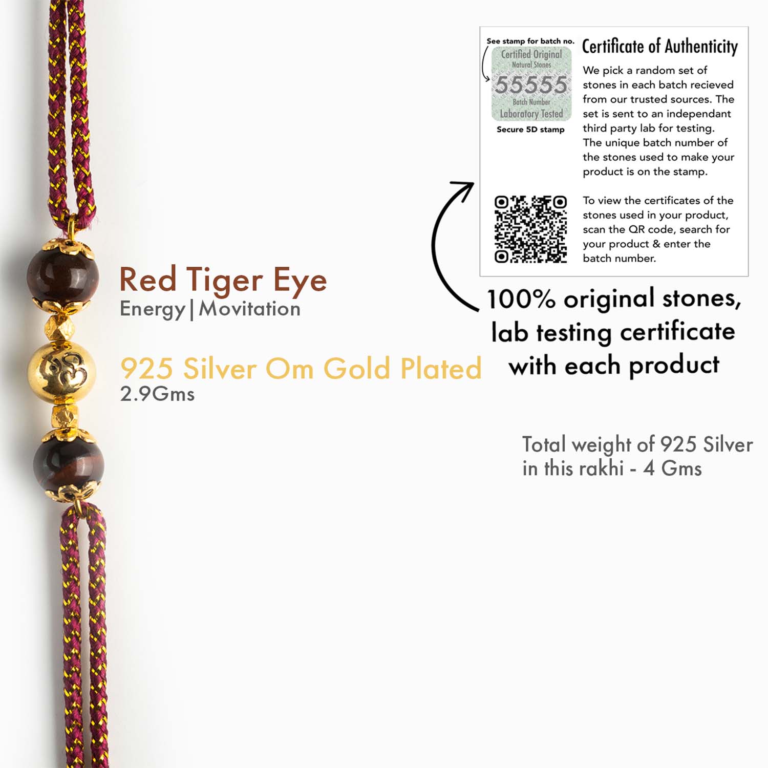 925 Sterling Silver Spiritual Om Natural Stone Rakhi