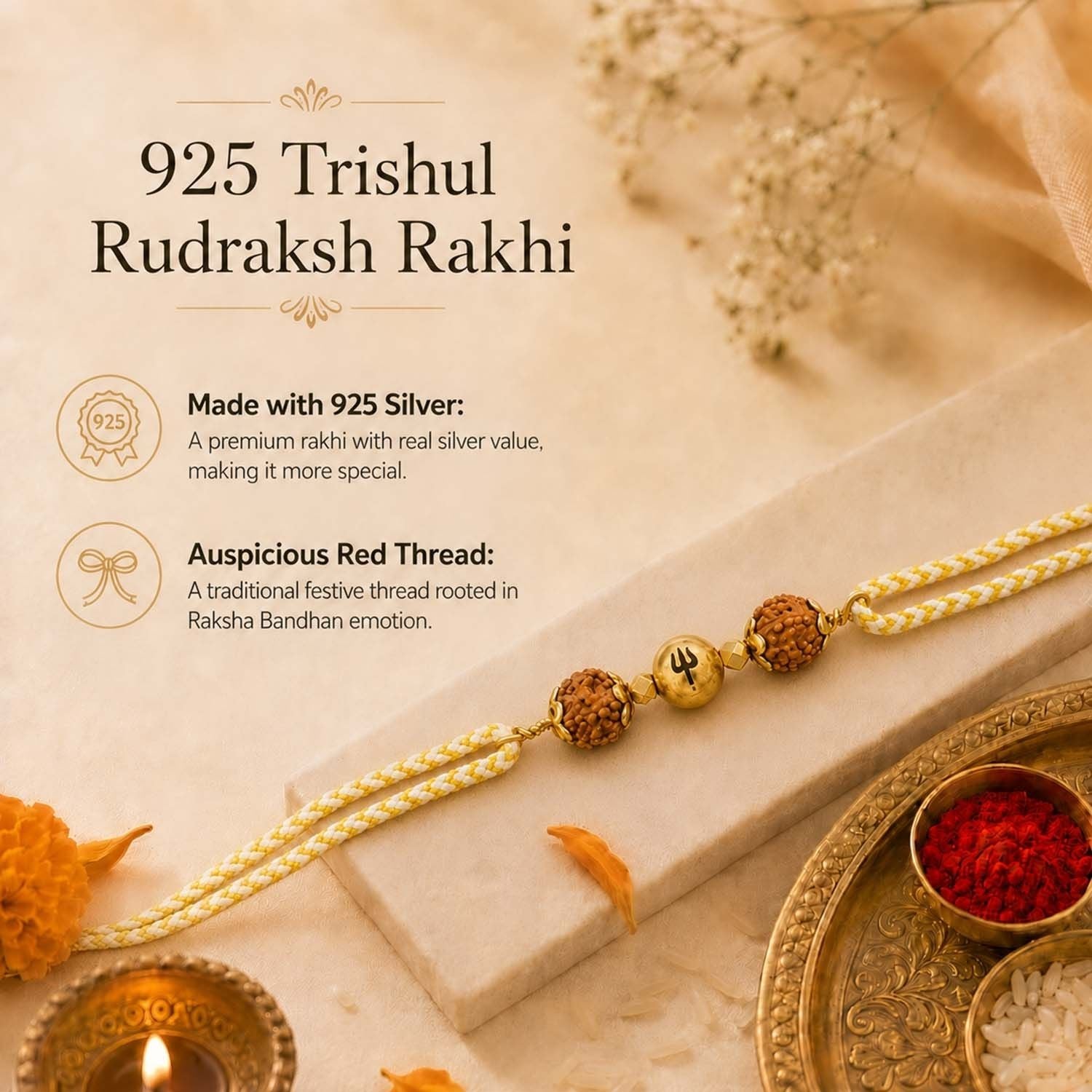 925 Sterling Silver Spiritual Rudraksh Trishul Natural Stone Rakhi