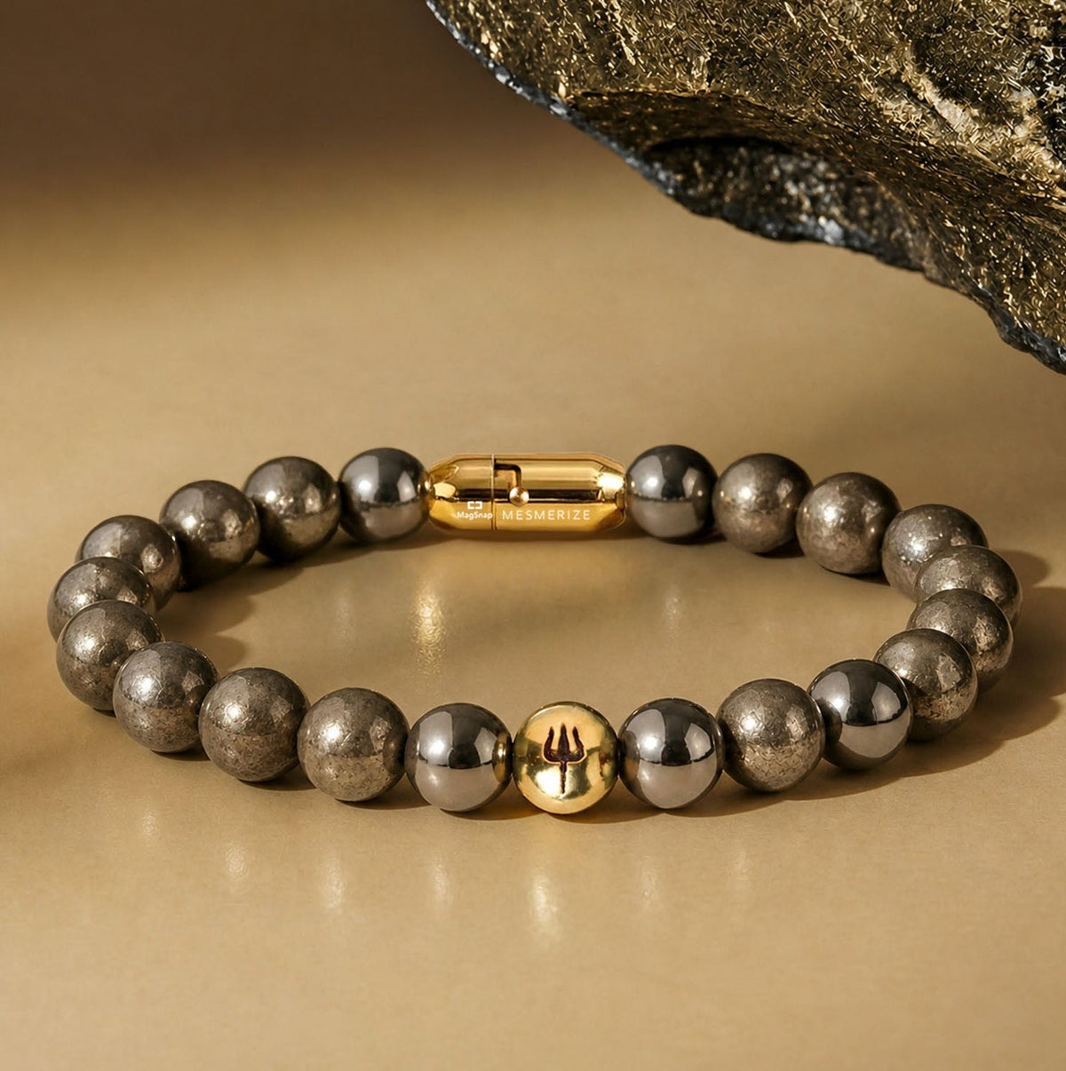 Pure 925 Silver Pyrite Trishul Natural Stone Bracelet with 