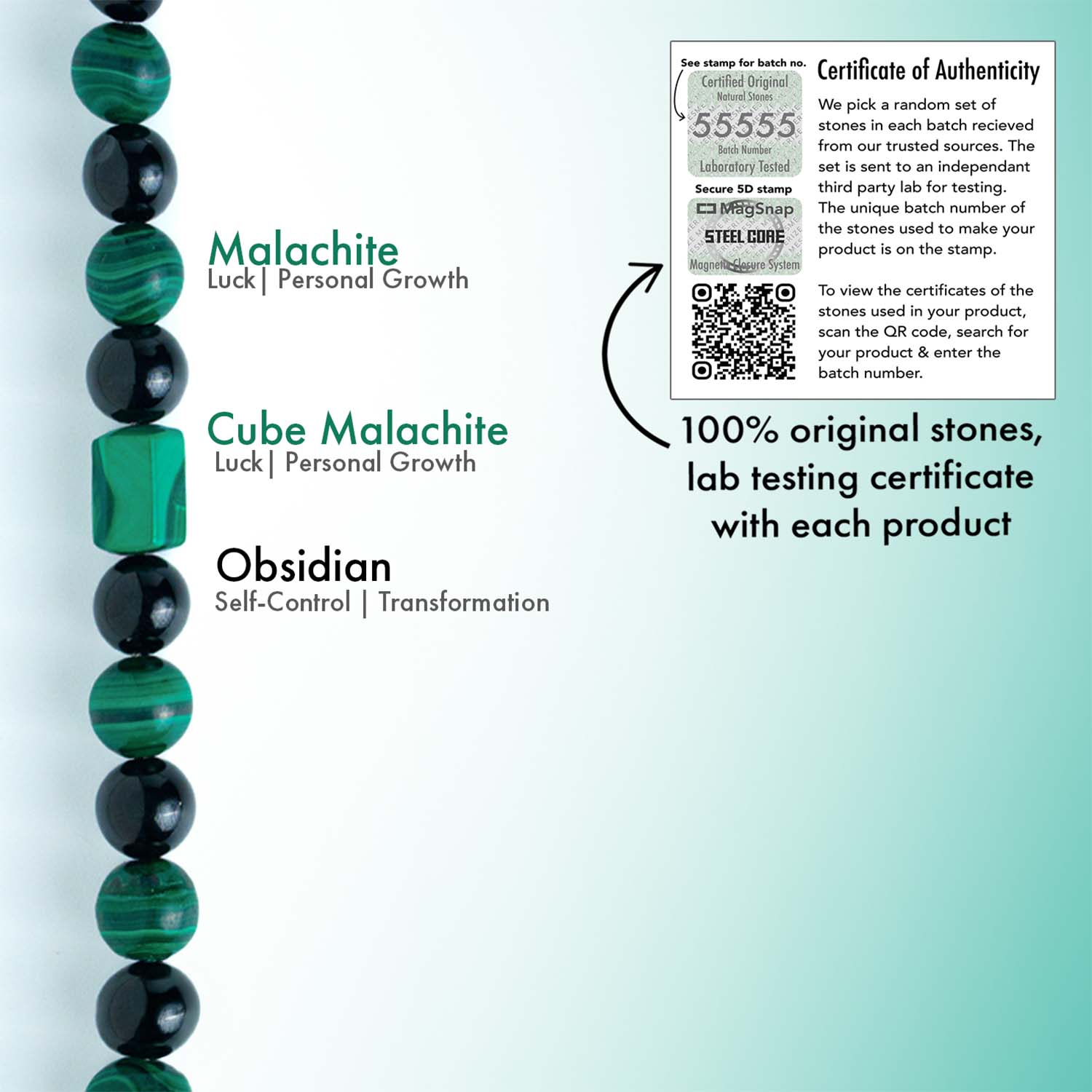 Aegon Obsidian & Malachite Natural Stone Bracelet With MagSnap2