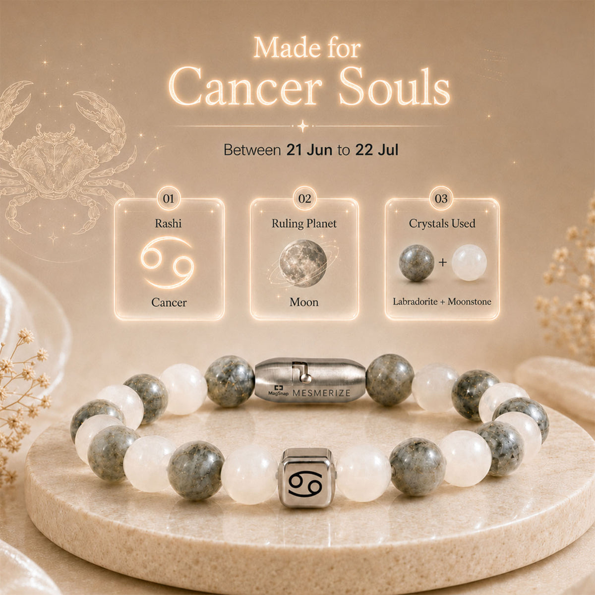 Cancer (Kark) Zodiac Stone Bracelet with MagSnap 4