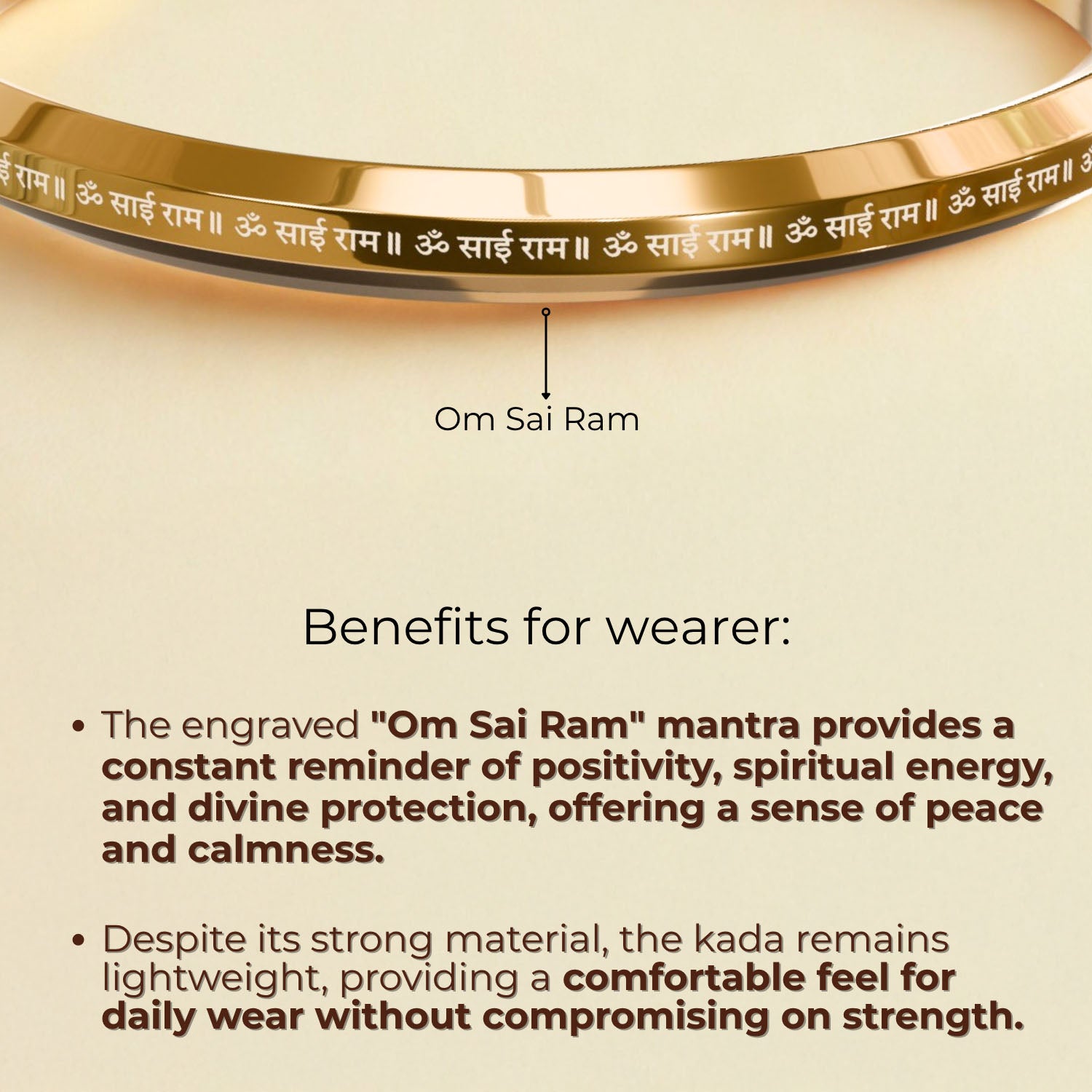 Om Sai Ram MicroCarved Round Flat Kada Gold