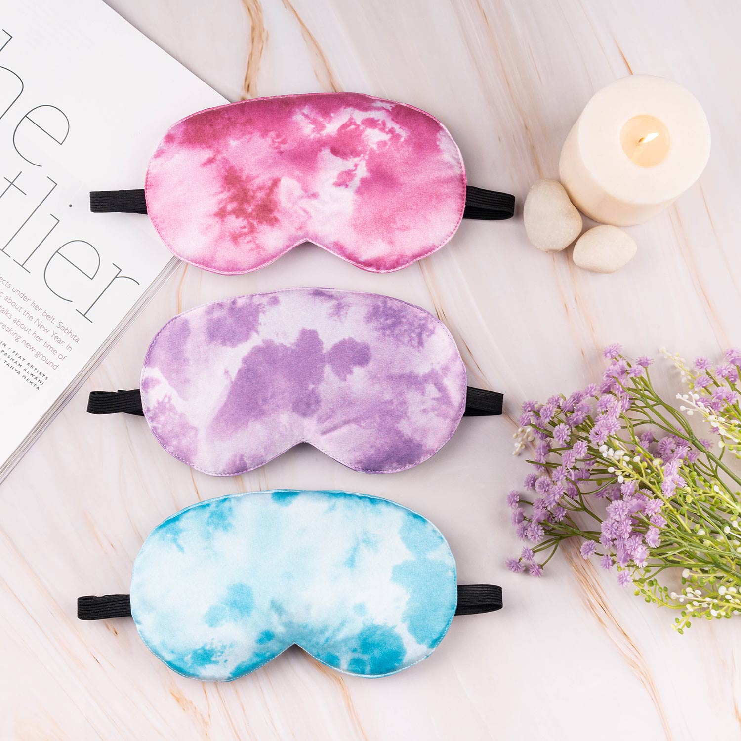Travel Essentials Tie Dye Print Satin Eye Mask (Blue, Pink, Purple)