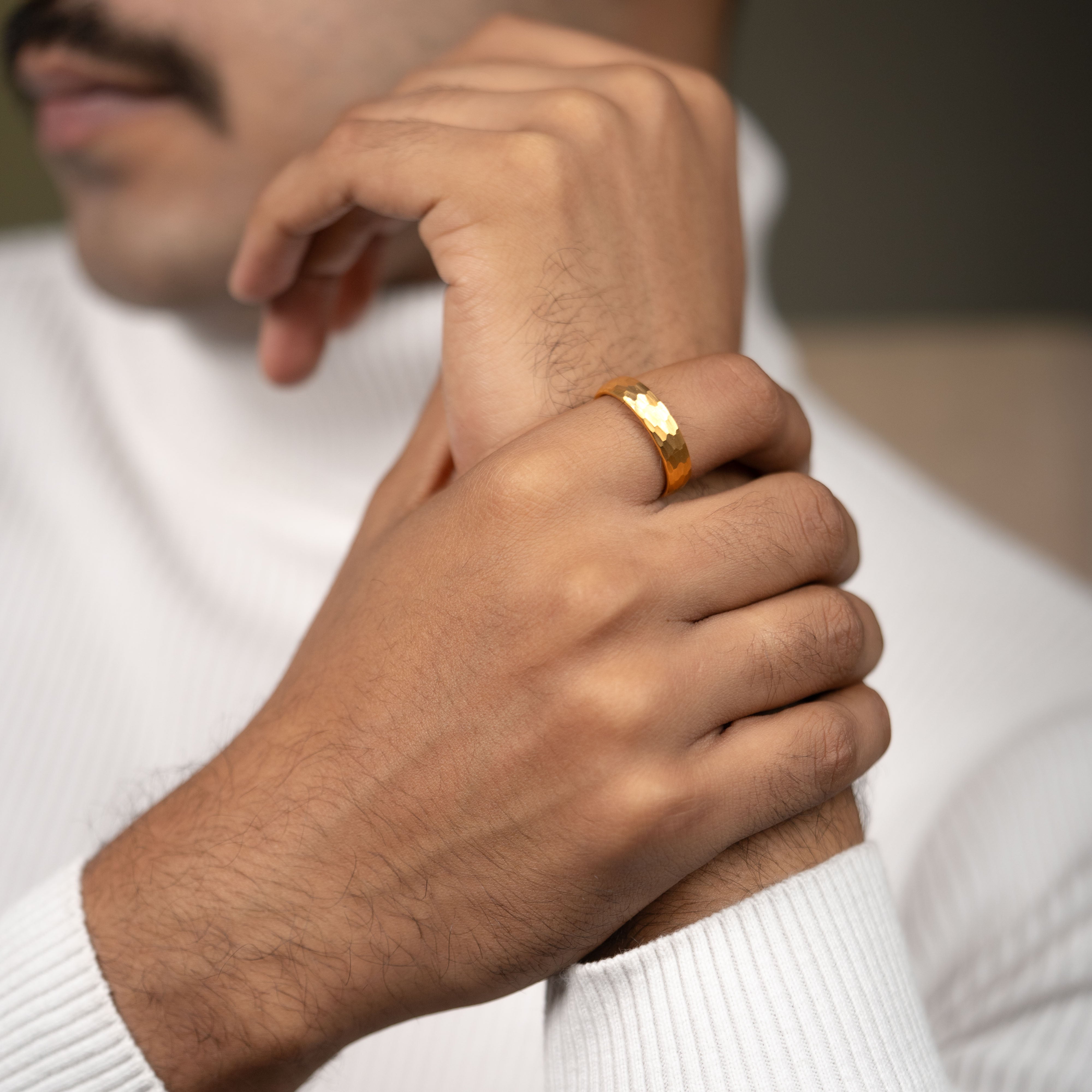 Forged Hammered Tungsten Carbide Band Ring GOLD