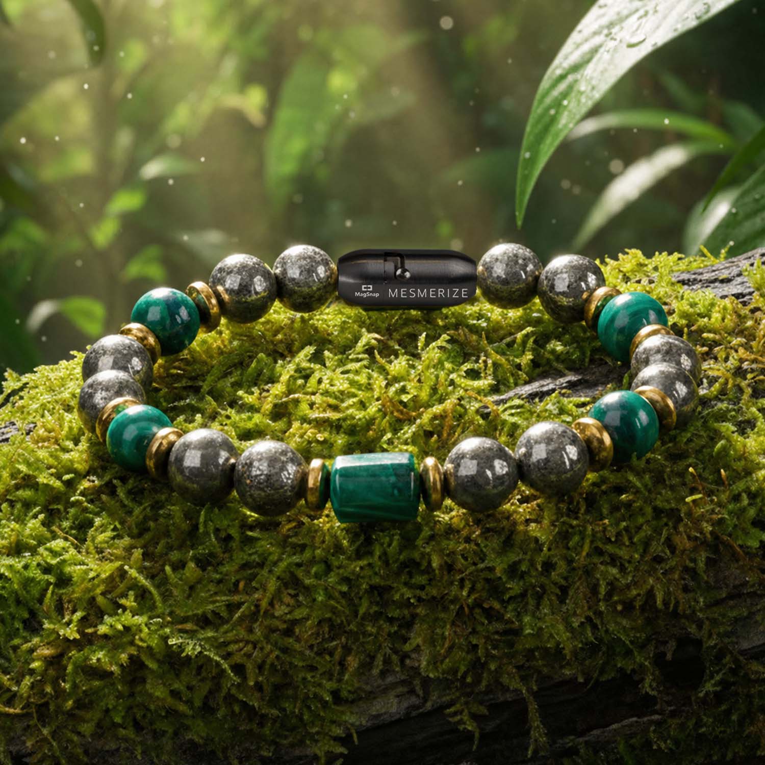 Fortune Pyrite & Cube Malachite Natural Stone Bracelet with Magsnap2