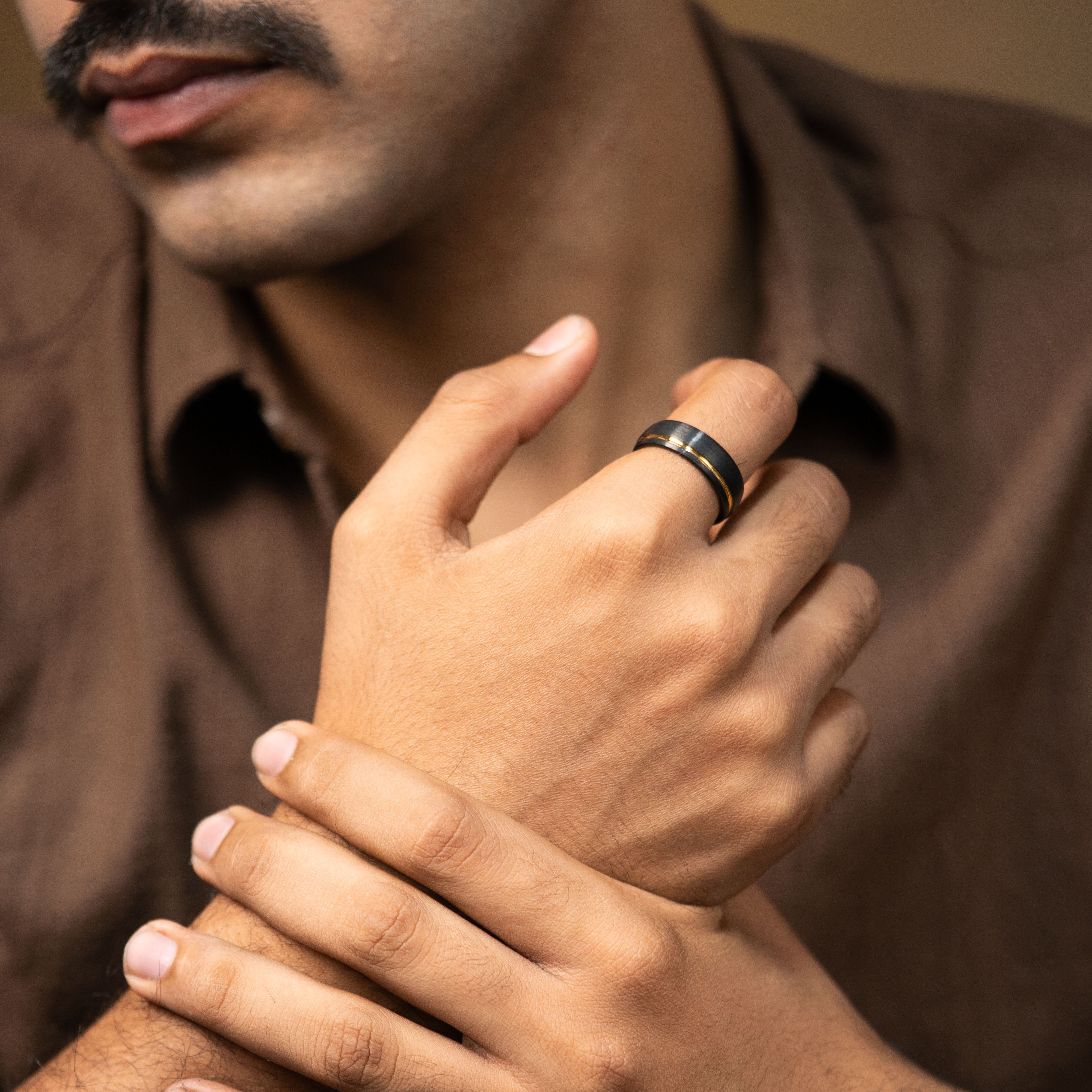 Gold Inlay Black Tungsten Carbide Band Ring