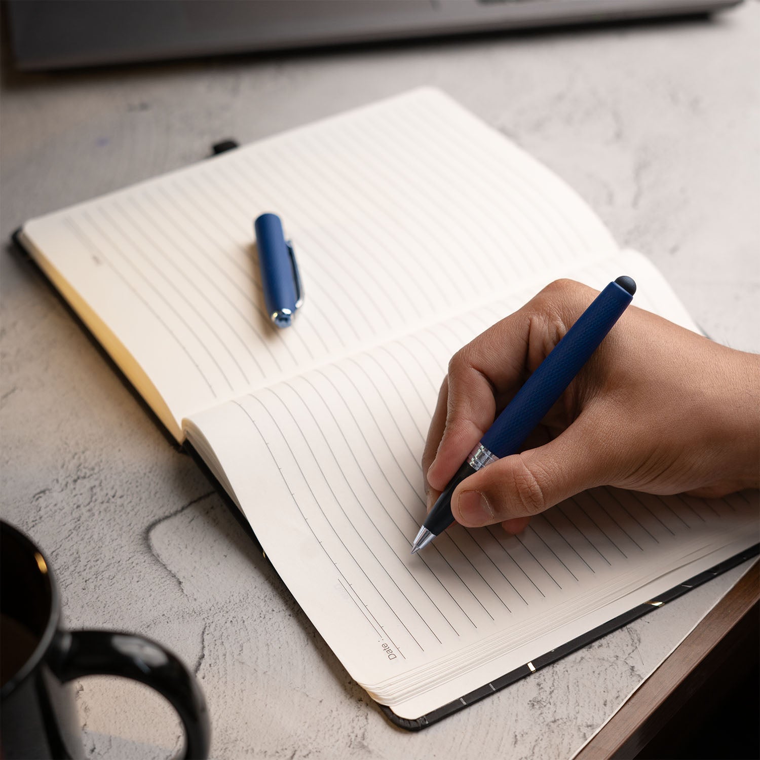 Matte Black Notebook with Ultra Matte Blue Sapphire 2 in 1 MagSnap Roller Ball Pen with Stylus Personalised