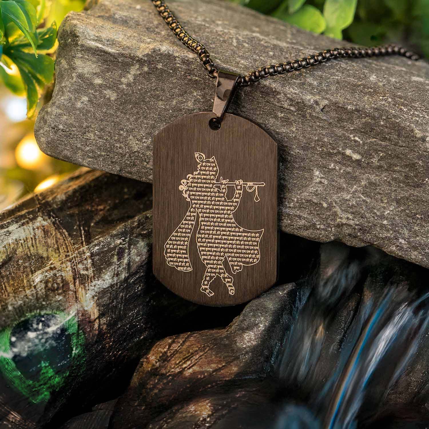 Hare Krishna MicroCarved Inlay Tag Necklace - Main Image