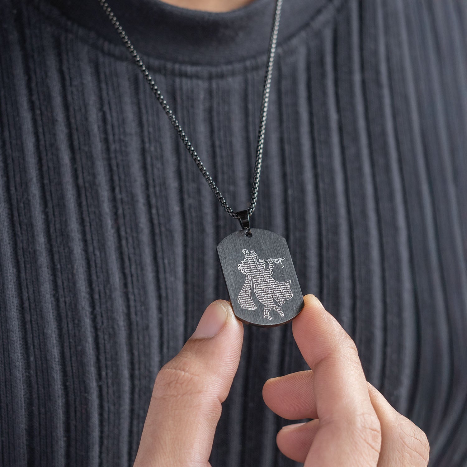 Micro Carved Krishna Tag Necklace Black