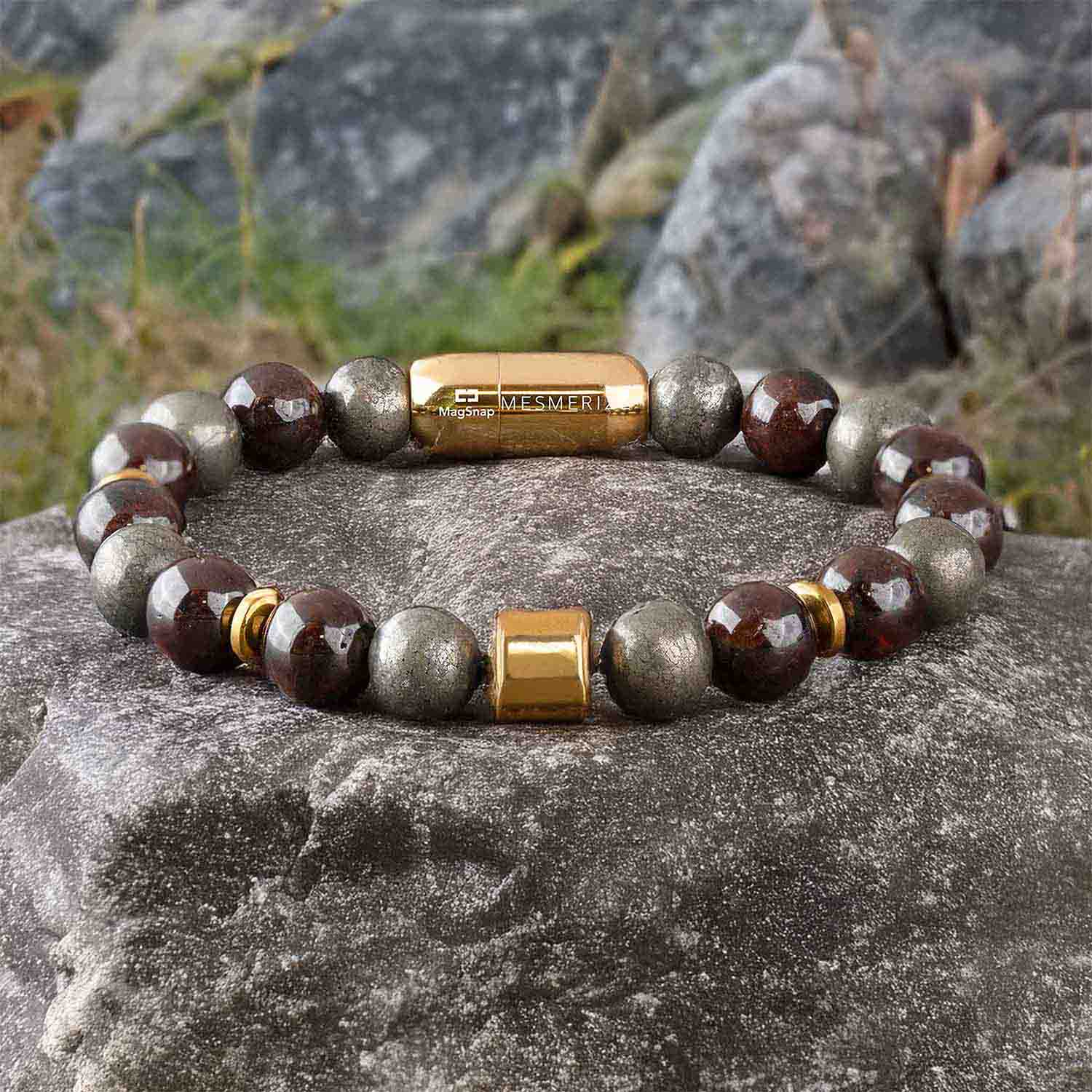 Non-Personalised Abundance Magnet Garnet & Pyrite Natural Stone Bracelet with Magsnap 2
