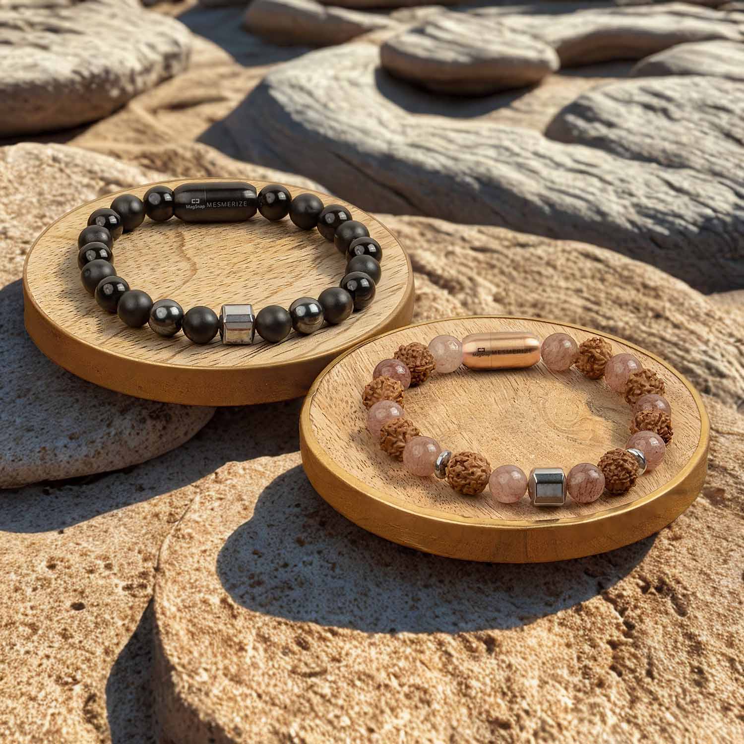 Non Personalised Serenity Strawberry Quartz & Stealth Gloss Onyx Natural Stone Couple Bracelets with Magsnap 2