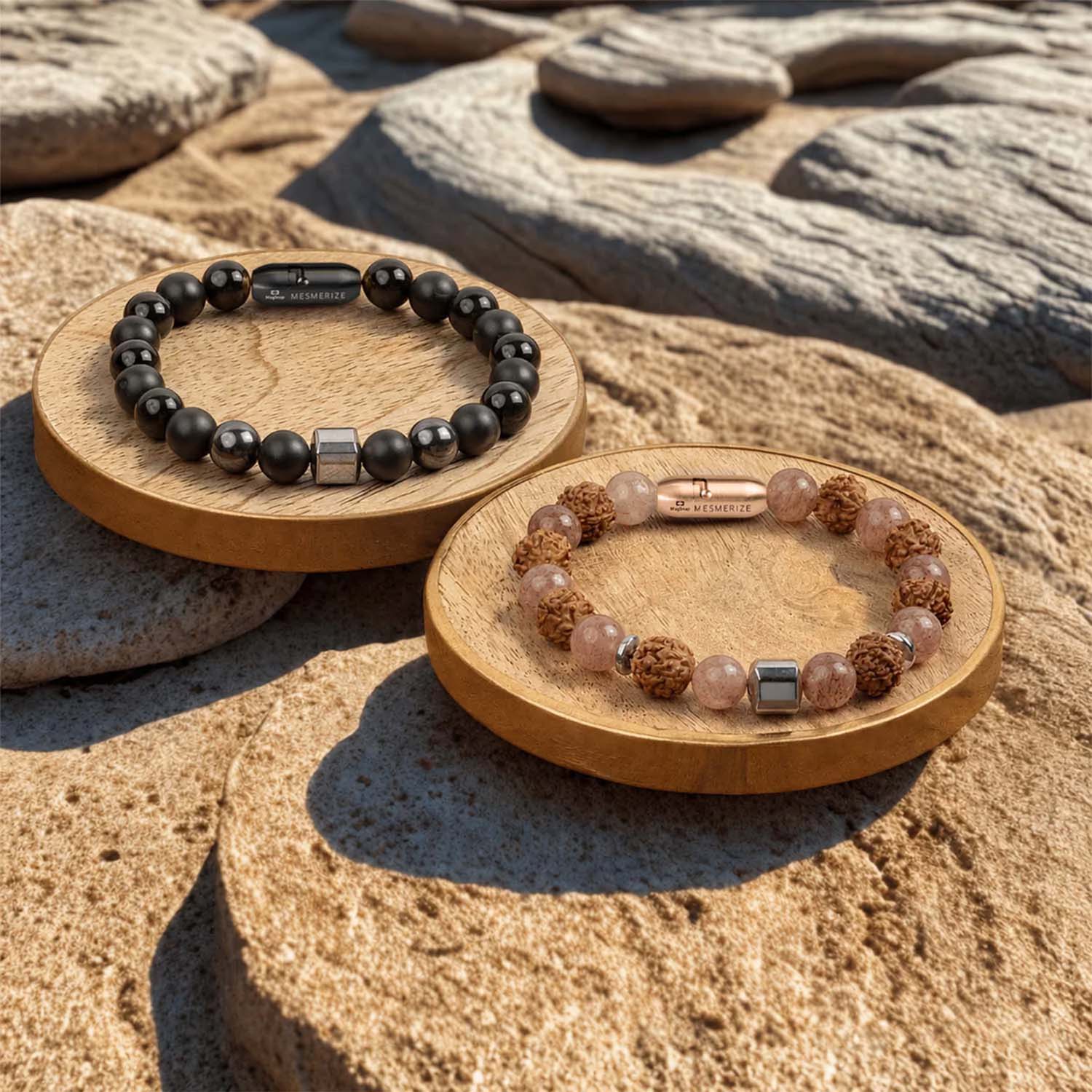 Non Personalised Serenity Strawberry Quartz & Stealth Gloss Onyx Natural Stone Couple Bracelets with Magsnap 2
