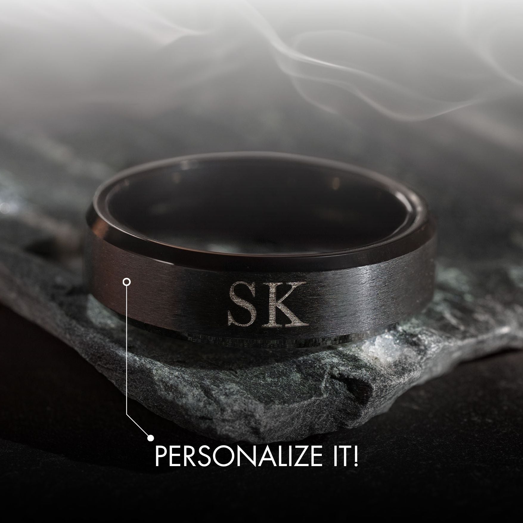 Personalised Black Beveled Ring