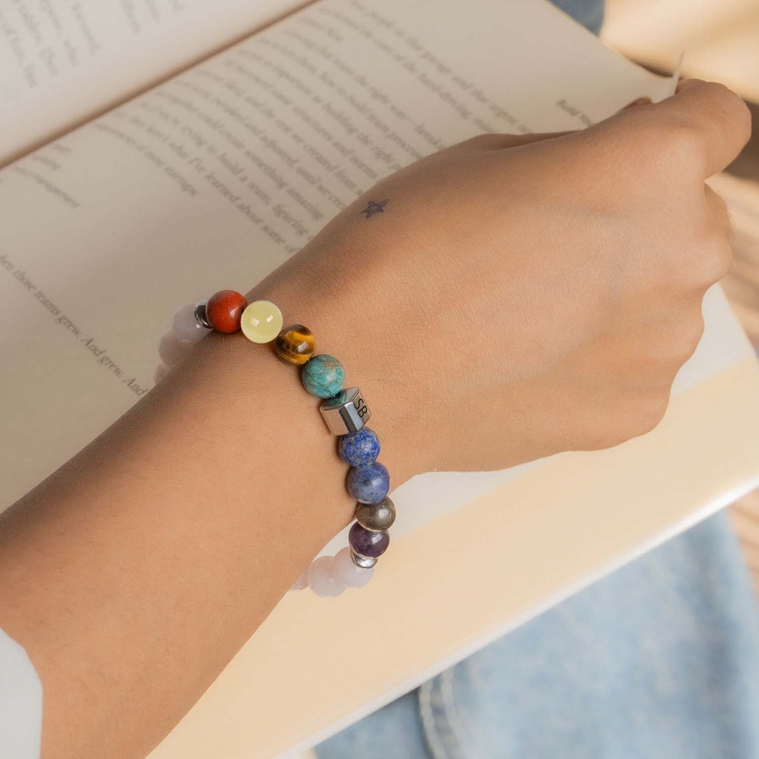 Personalised Solace Rose Quartz 9 Chakra Natural Stone Elastic Bracelet