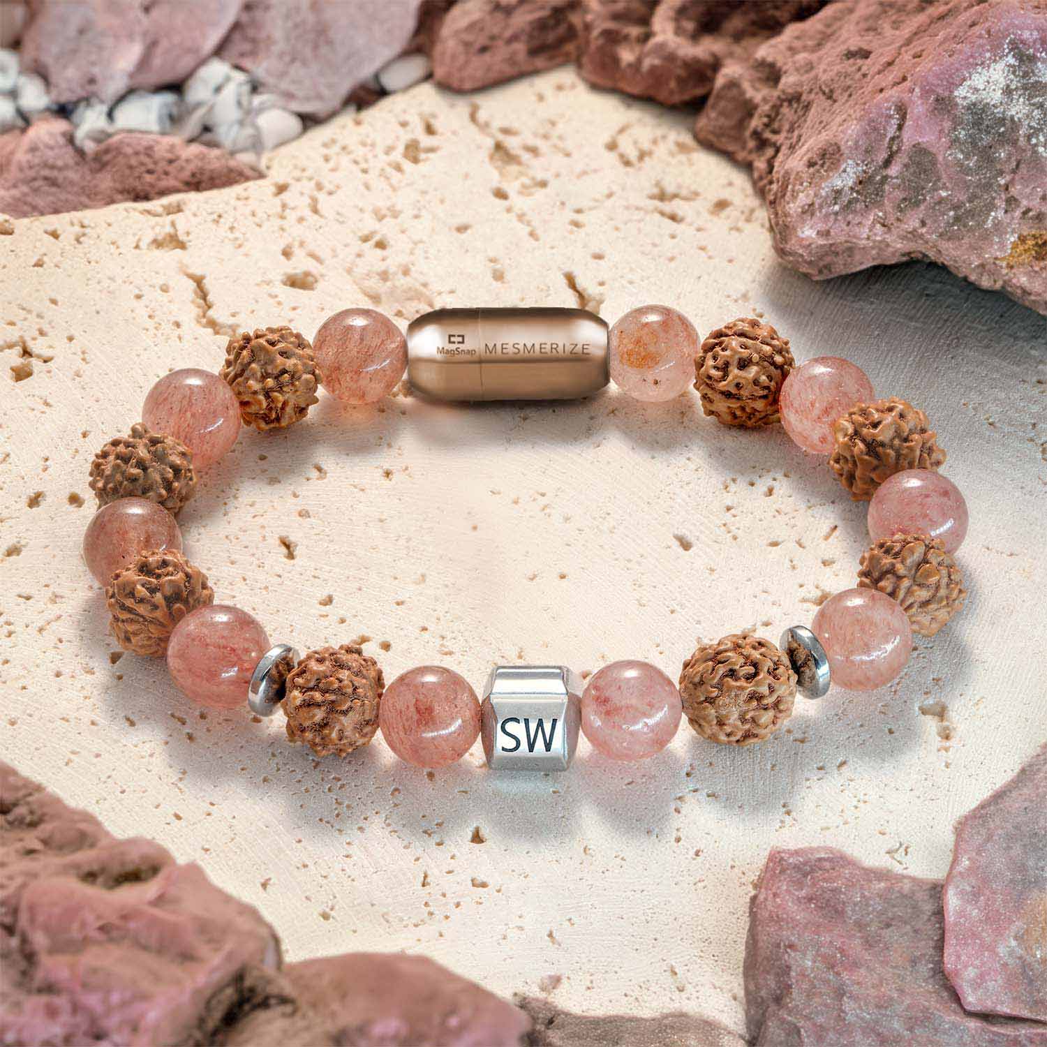 Personalised Serenity Strawberry Quartz Rudraksh Natural Stone Brace