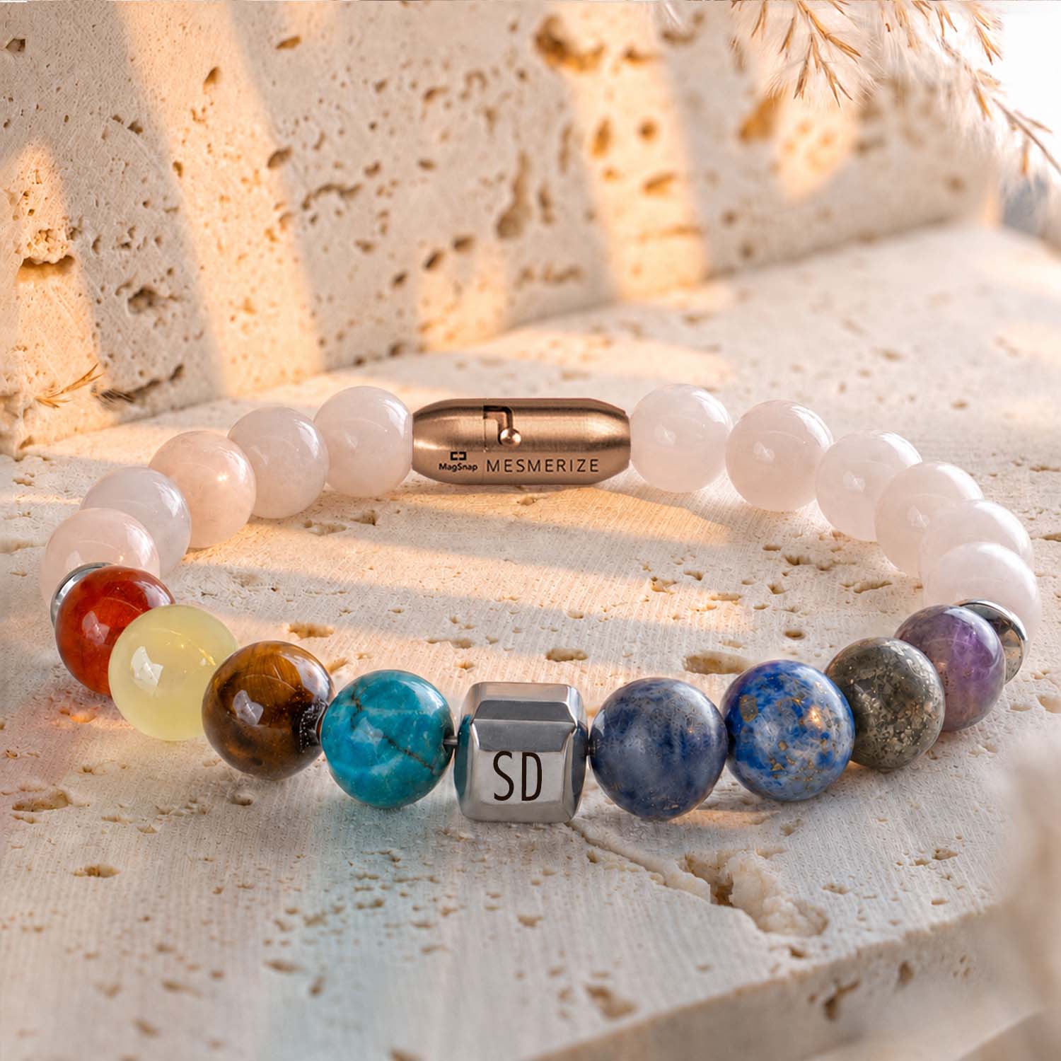Personalised Solace Rose Quartz 9 Chakra Natural Stone Bracelet with Magsnap 2