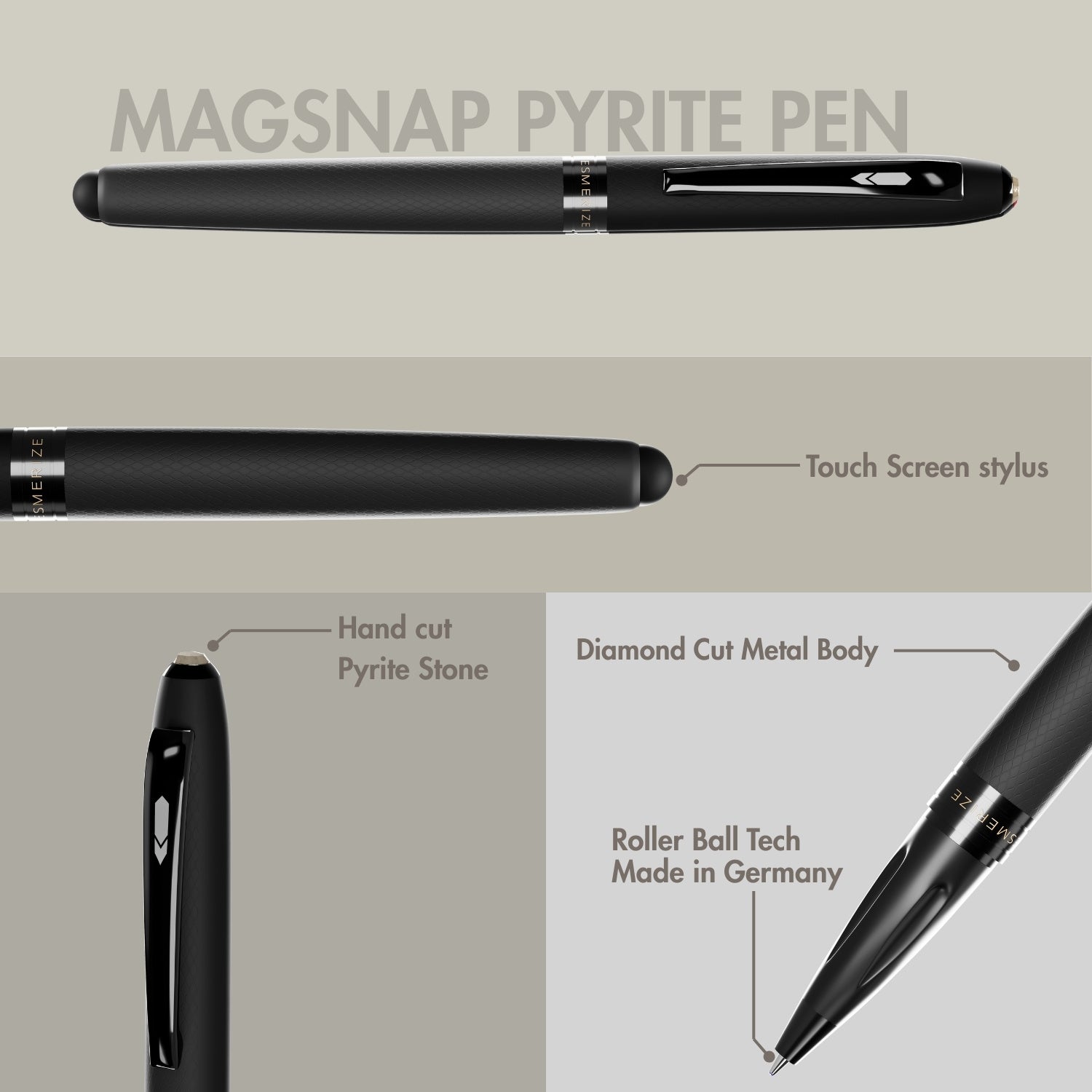 Matte Black Finish Pyrite 2 in 1 MagSnap Roller Ball Pen with Stylus None