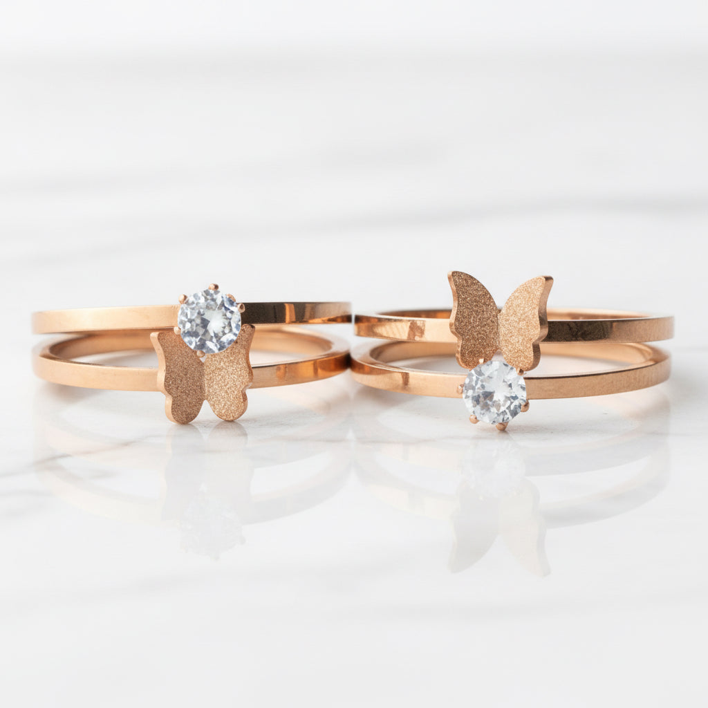 Rose Gold Crystal Butterfly Rings