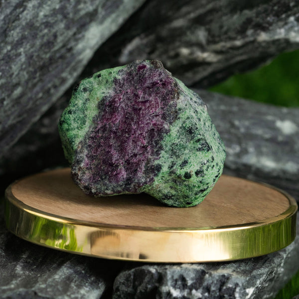 Alchemy Raw Ruby Zoisite Stone With Mango Wood Coaster