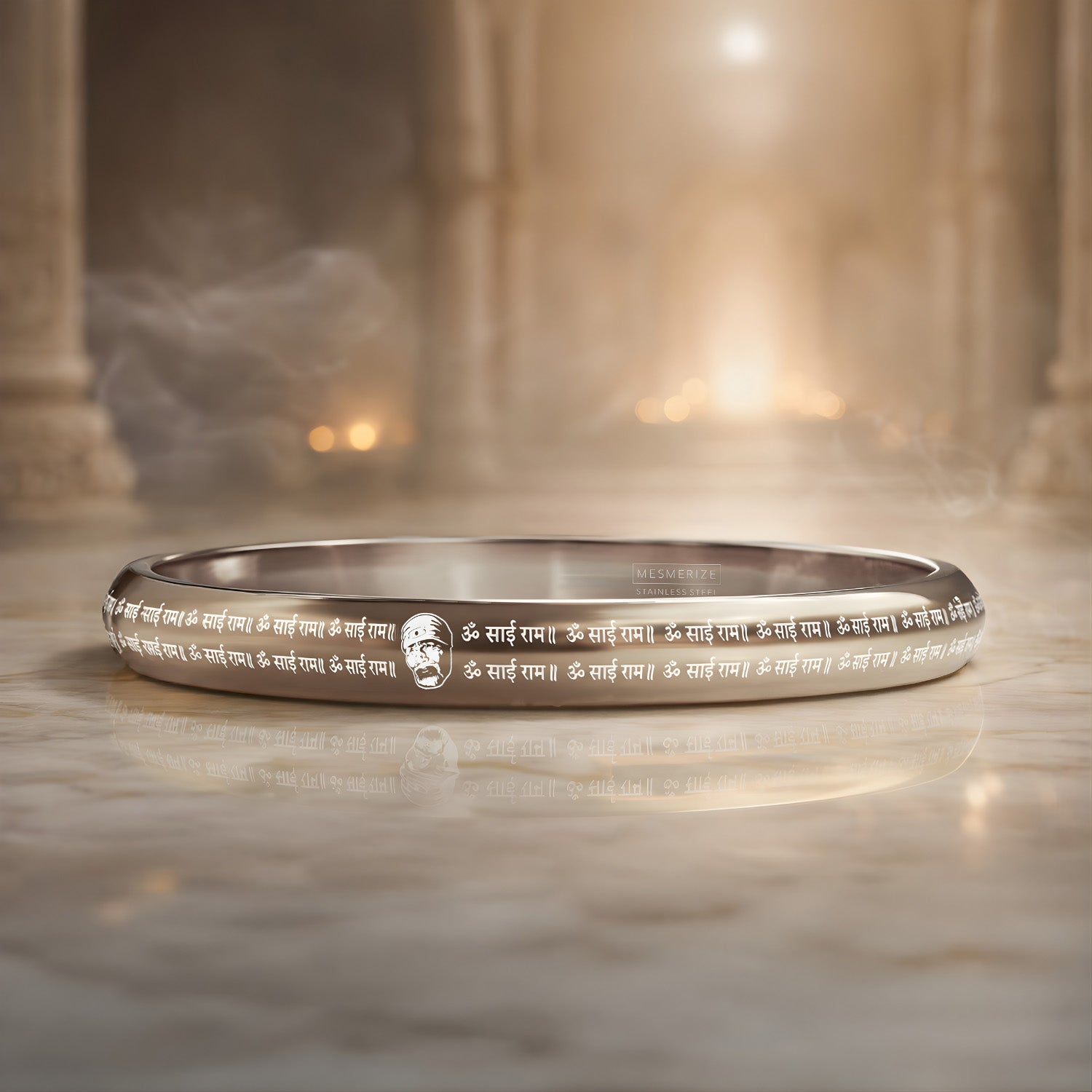 Silver Om Sai Ram MicroCarved Round Curved Kada