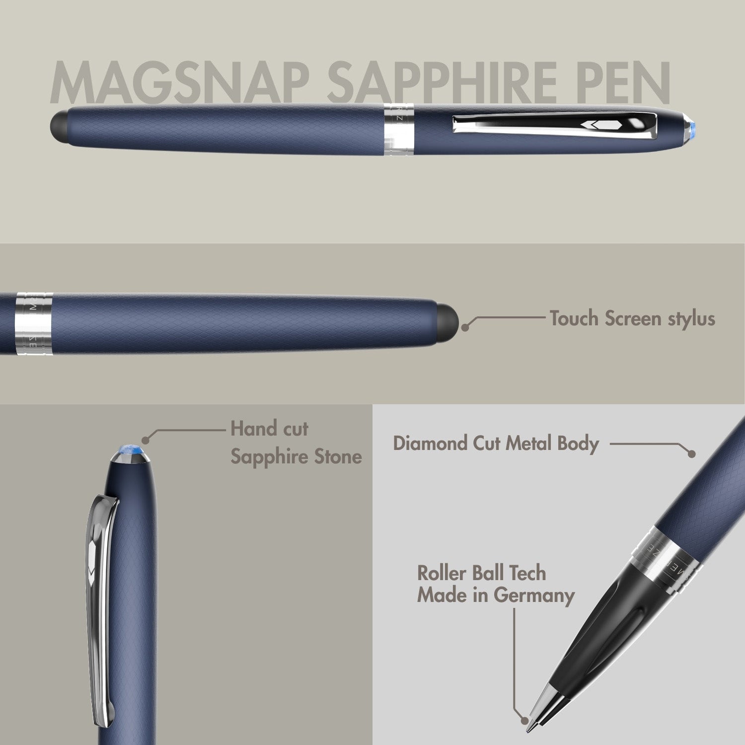 Matte Blue Finish Sapphire 2 in 1 MagSnap Roller Ball Pen with Stylus Personalised