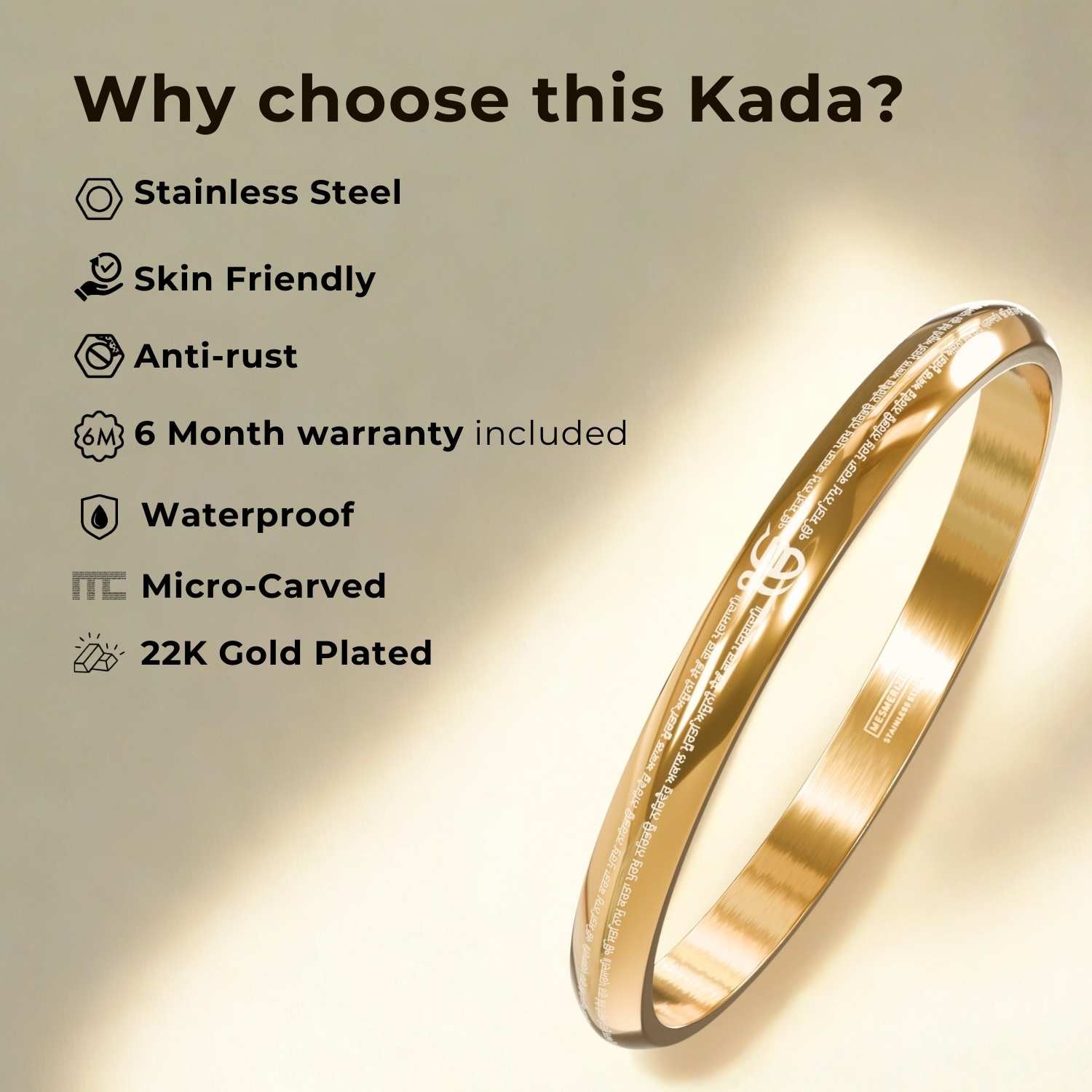 Round Curve Waheguruji Da Khalsa Kada Gold