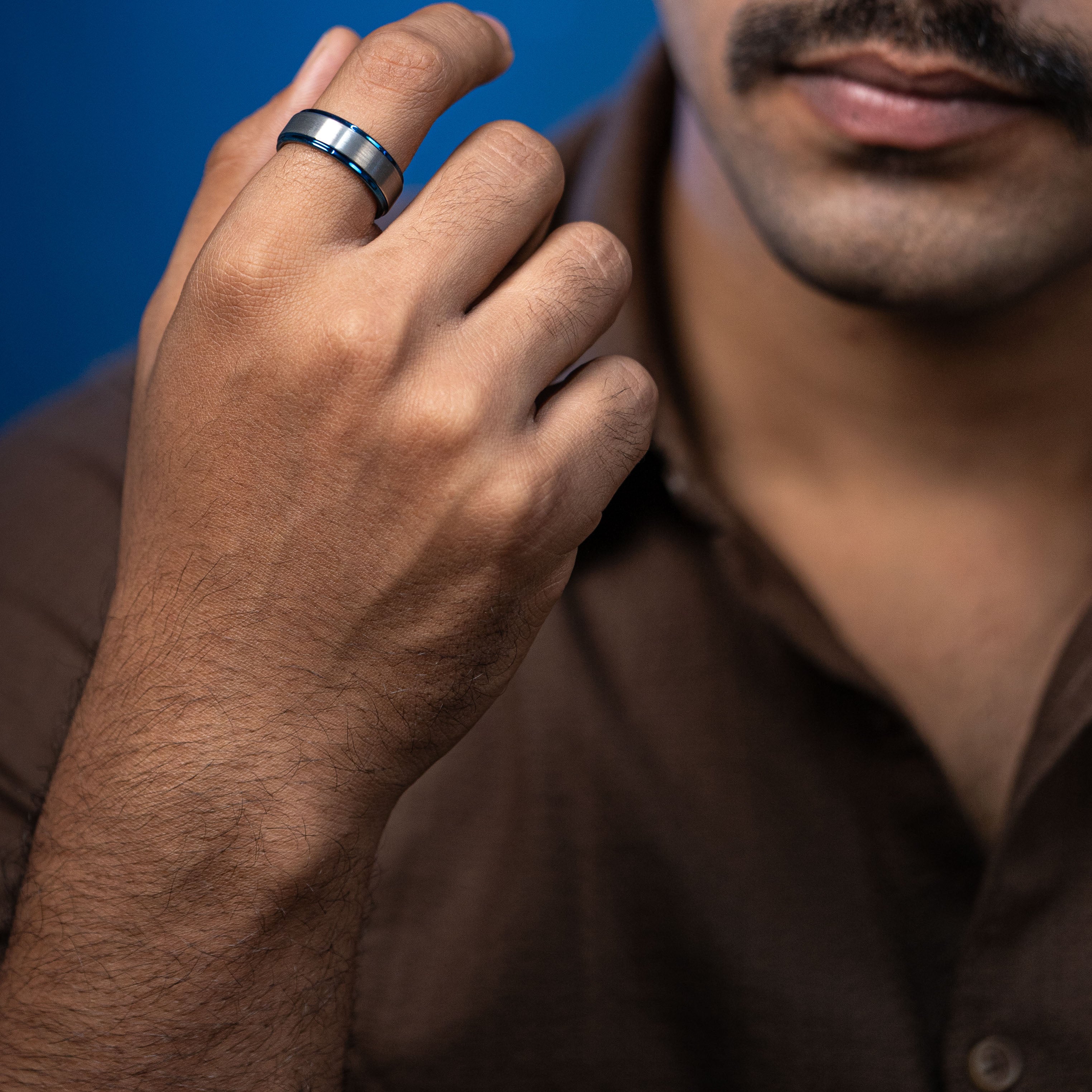 Gunmetal Brushed Blue Tungsten Carbide Ring