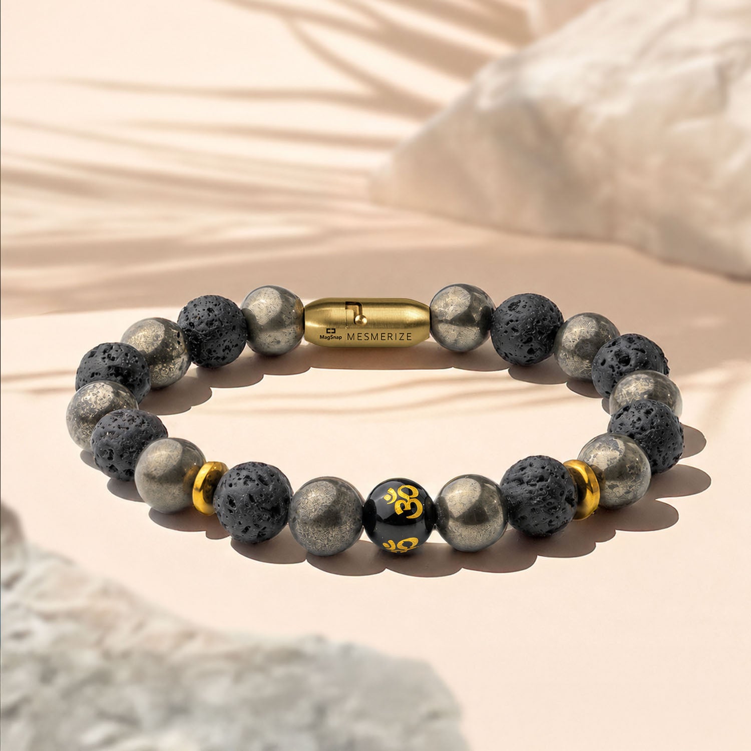 Natural Stone Jewellery Spiritual Pyrite Natural Stone OM Bracelet With Magsnap