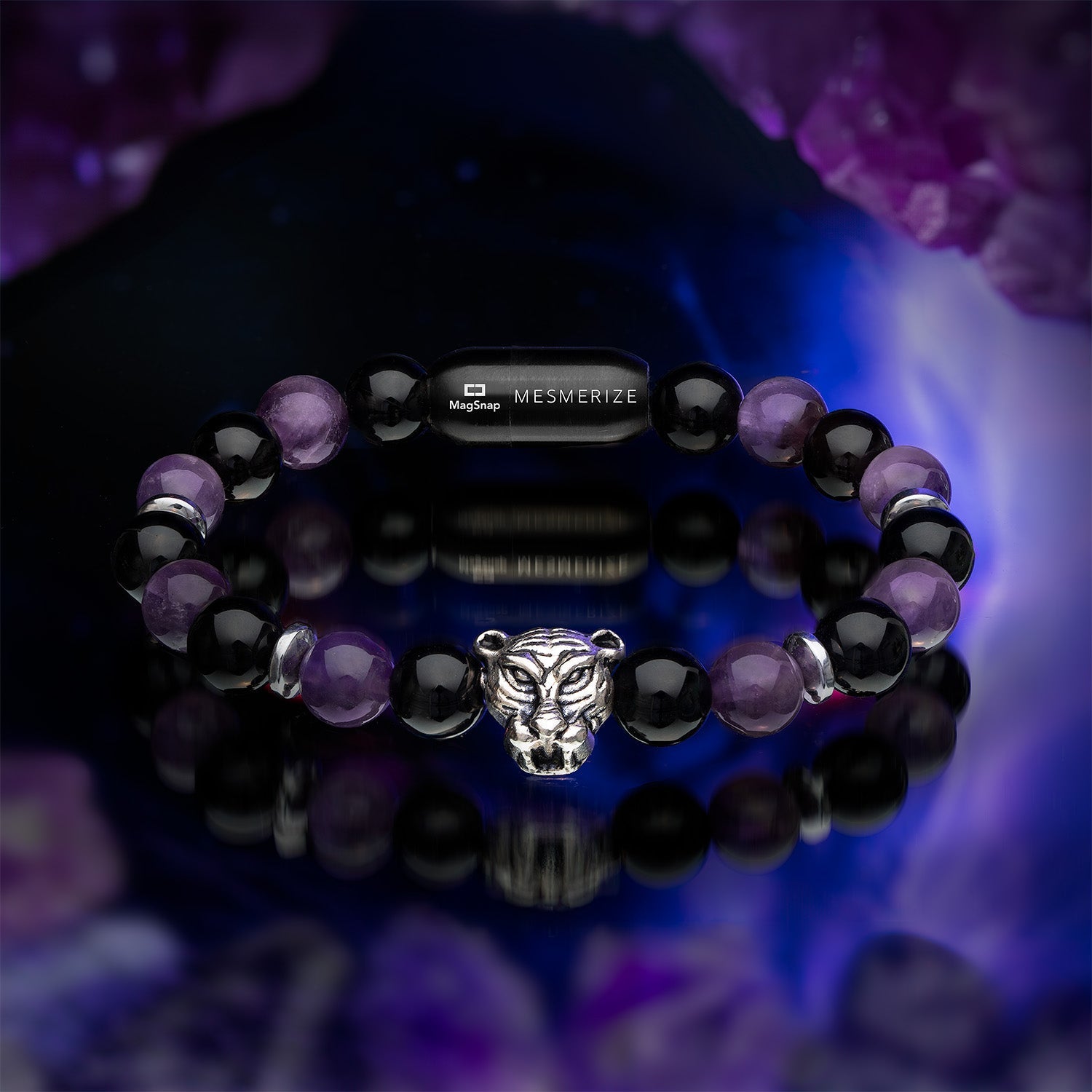 Wellness Gloss Onyx and Amethyst Natural Stone Bracelet With Magsnap