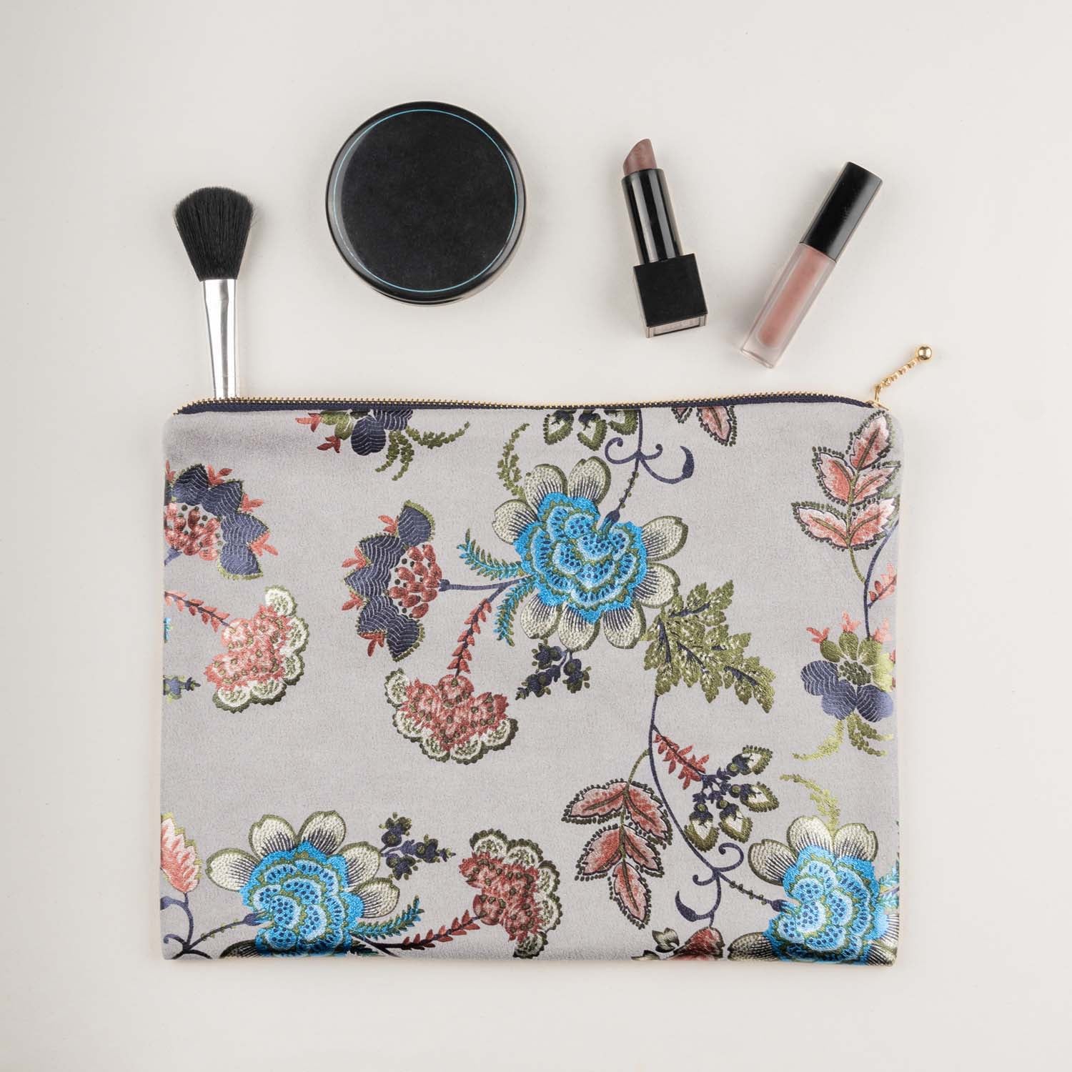 Travel Essentials Grey Foil Print Suede Carry On Pouch