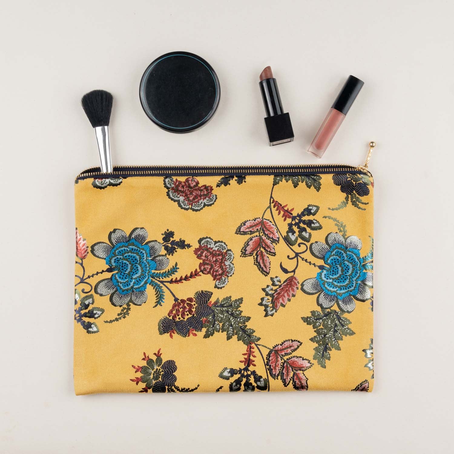 Travel Essentials Yellow Foil Print Suede Carry On Pouch