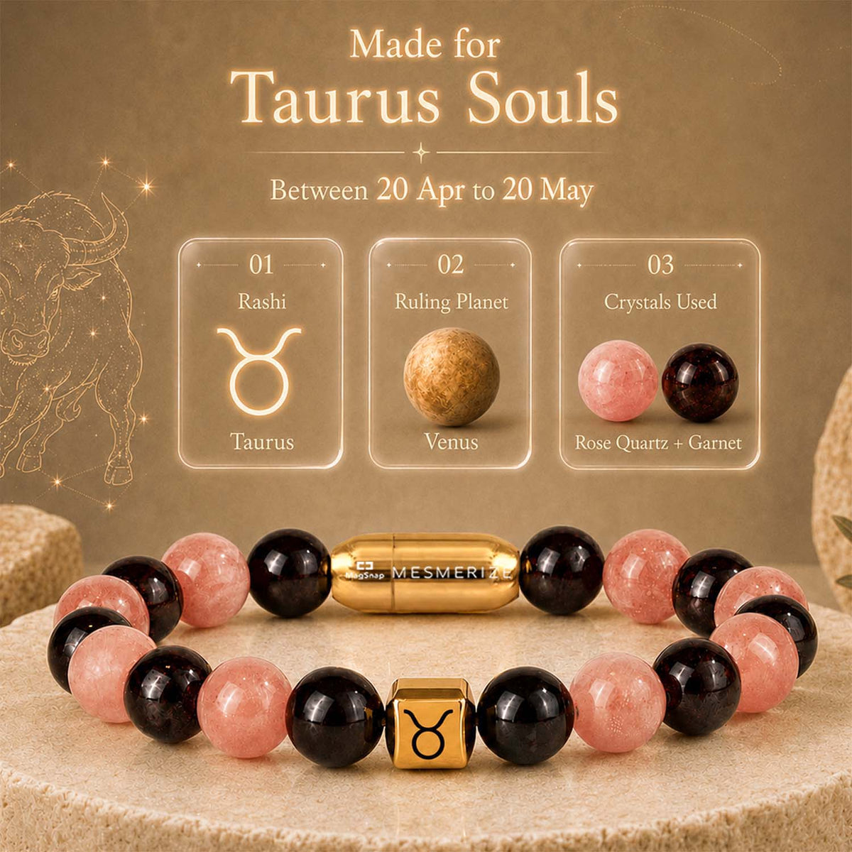 Taurus (Vrishabh) Zodiac Stone Bracelet with MagSnap