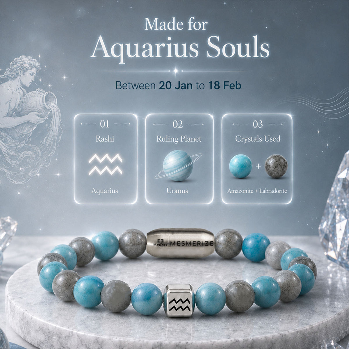 Aquarius (Kumbh) Zodiac Stone Bracelet with MagSnap 2