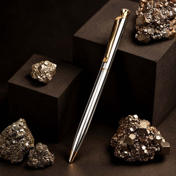 Polished Silver Gold Natural Pyrite Stone Twist Ball Pen