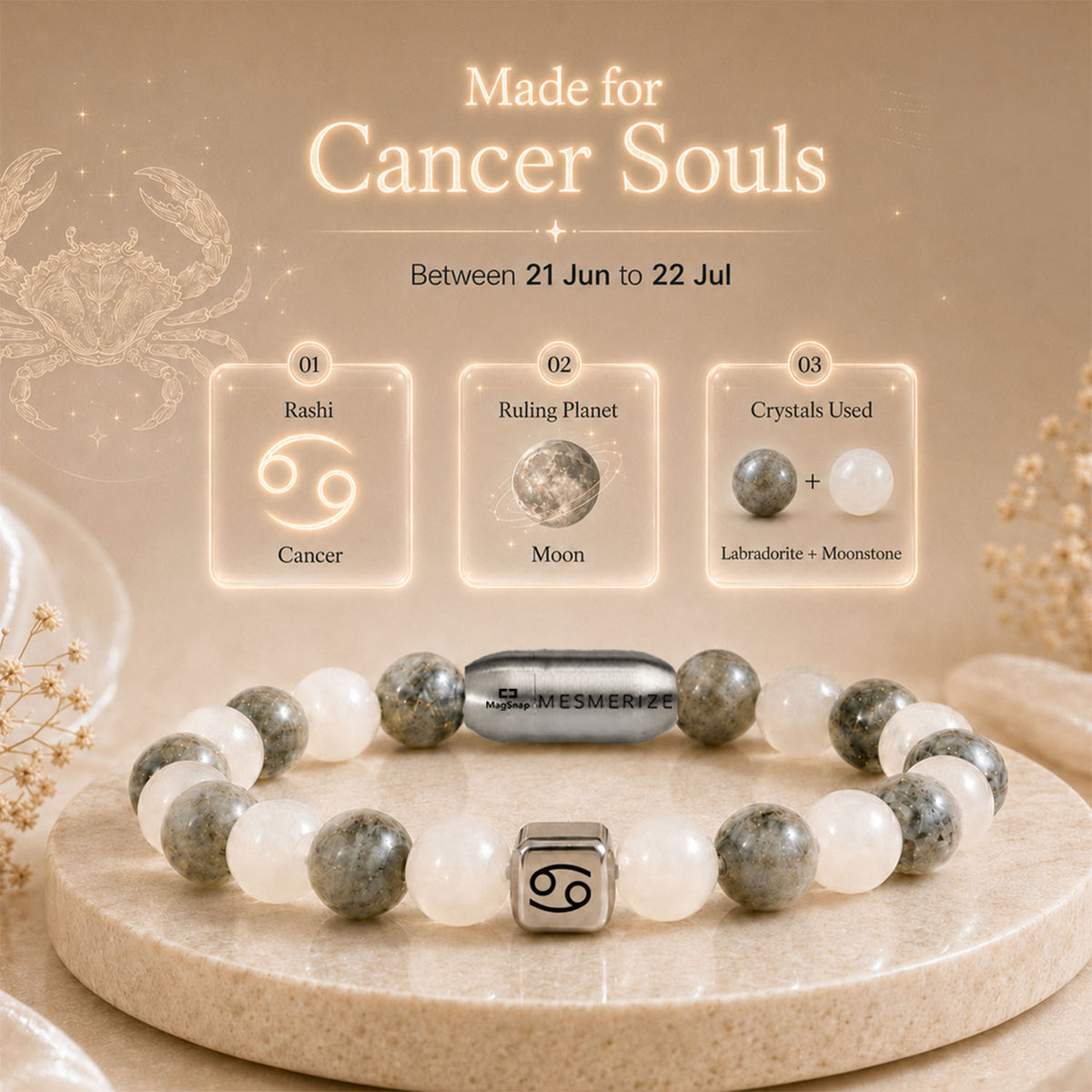 Cancer (Kark) Zodiac Stone Bracelet with MagSnap 2