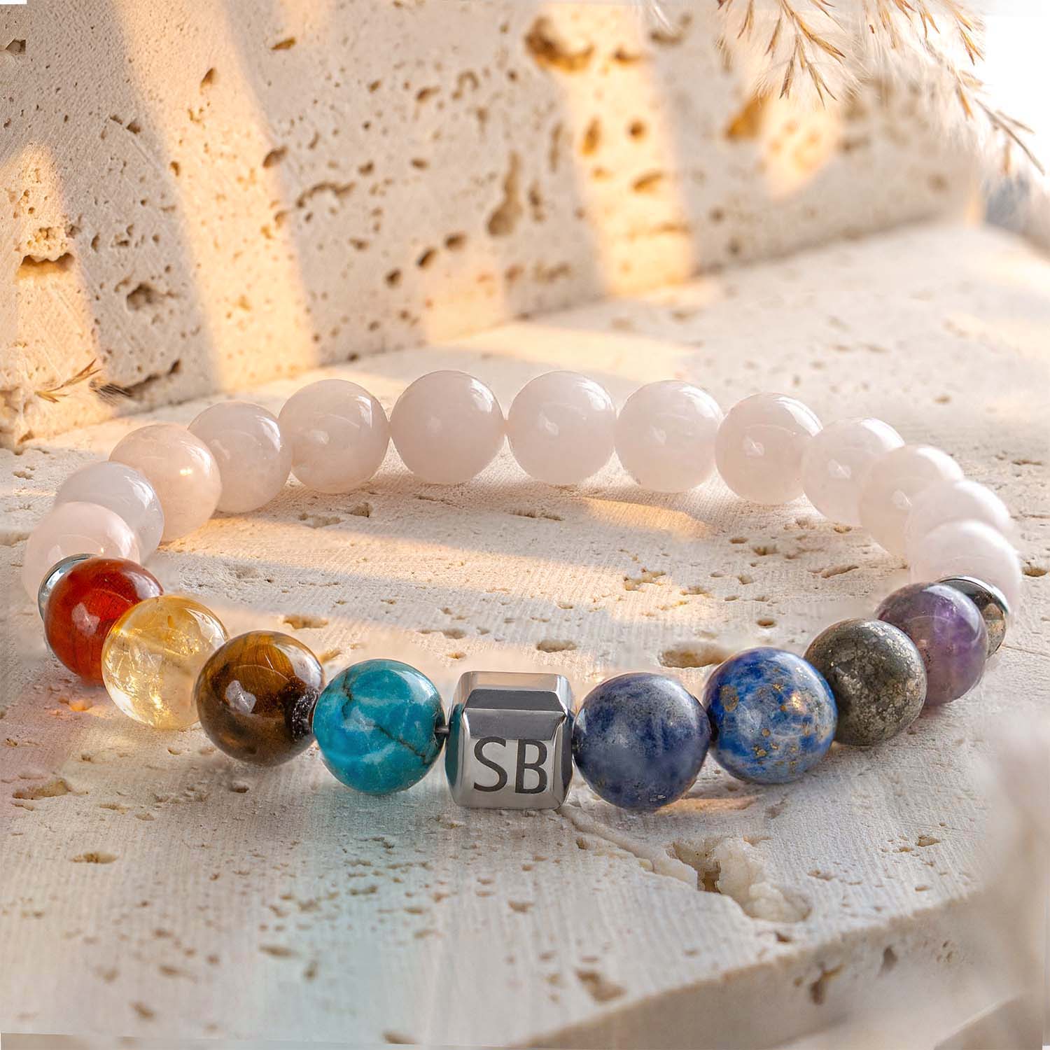 Personalised Solace Rose Quartz 9 Chakra Natural Stone Elastic Bracelet