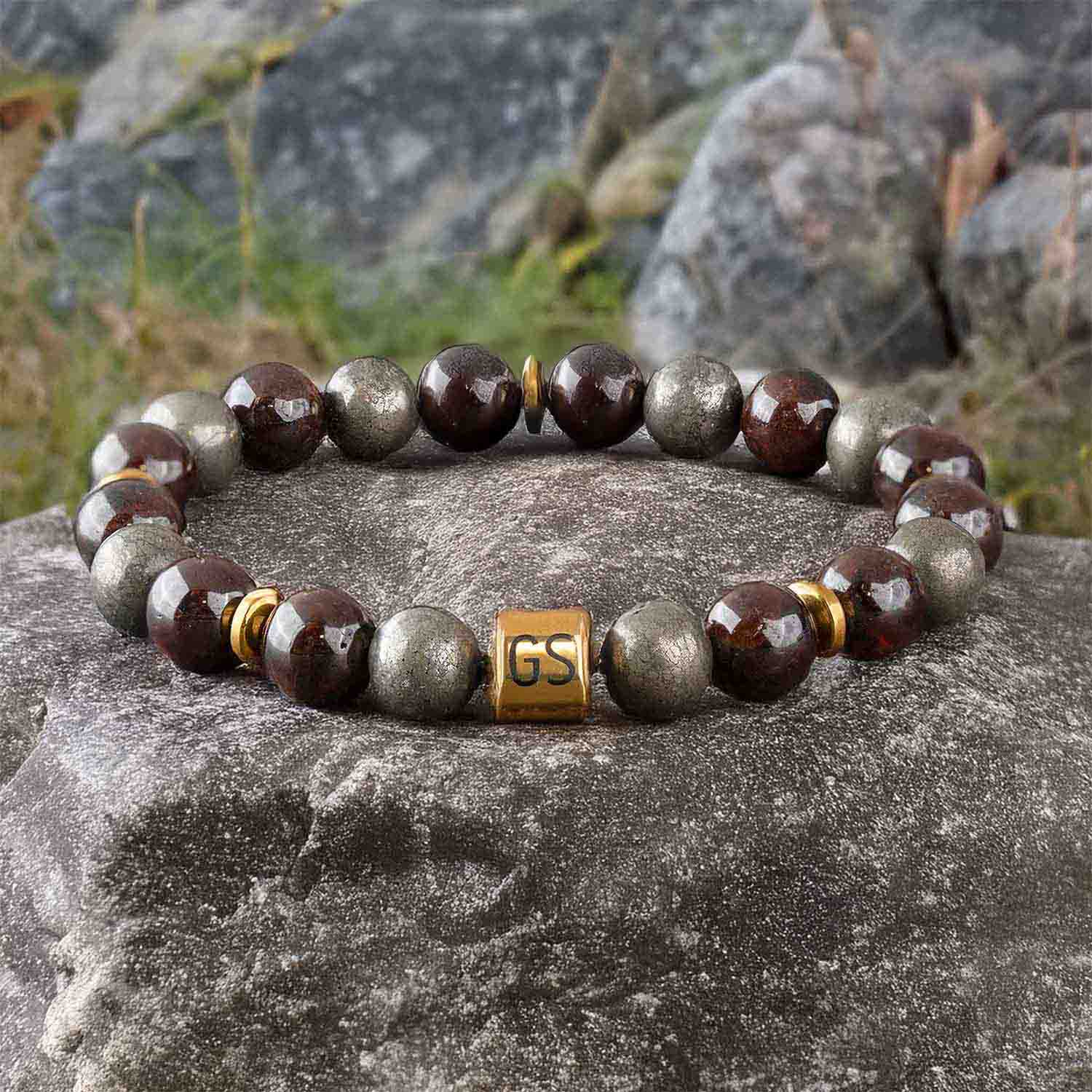 Personalised Abundance Magnet Garnet & Pyrite Natural Stone Elastic Bracelet 