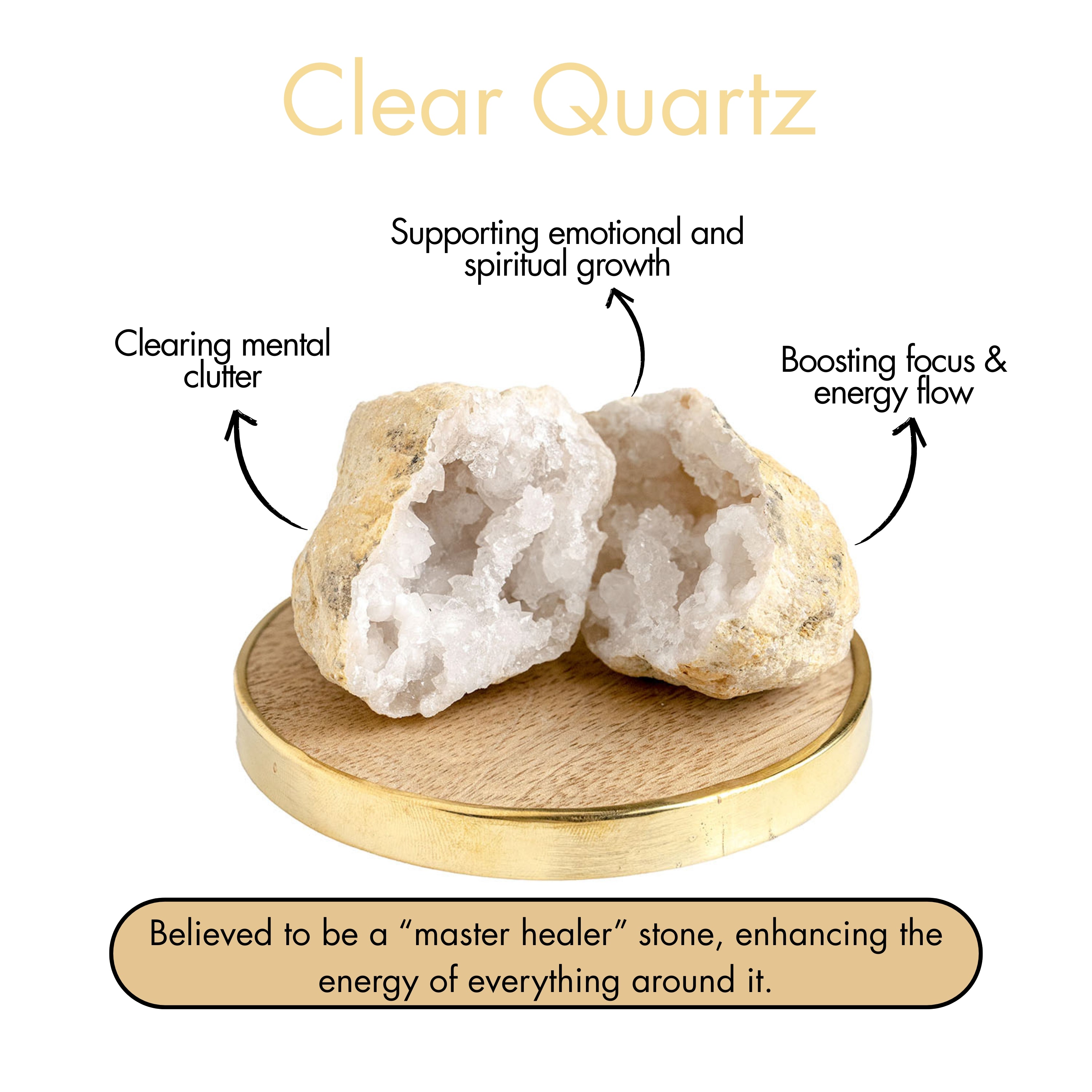 Balance Clear Crystal Geode Raw Stone With Mango Wood Coaster