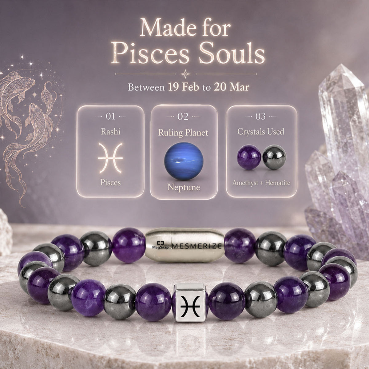 Pisces (Meen) Zodiac Stone Bracelet with MagSnap 2