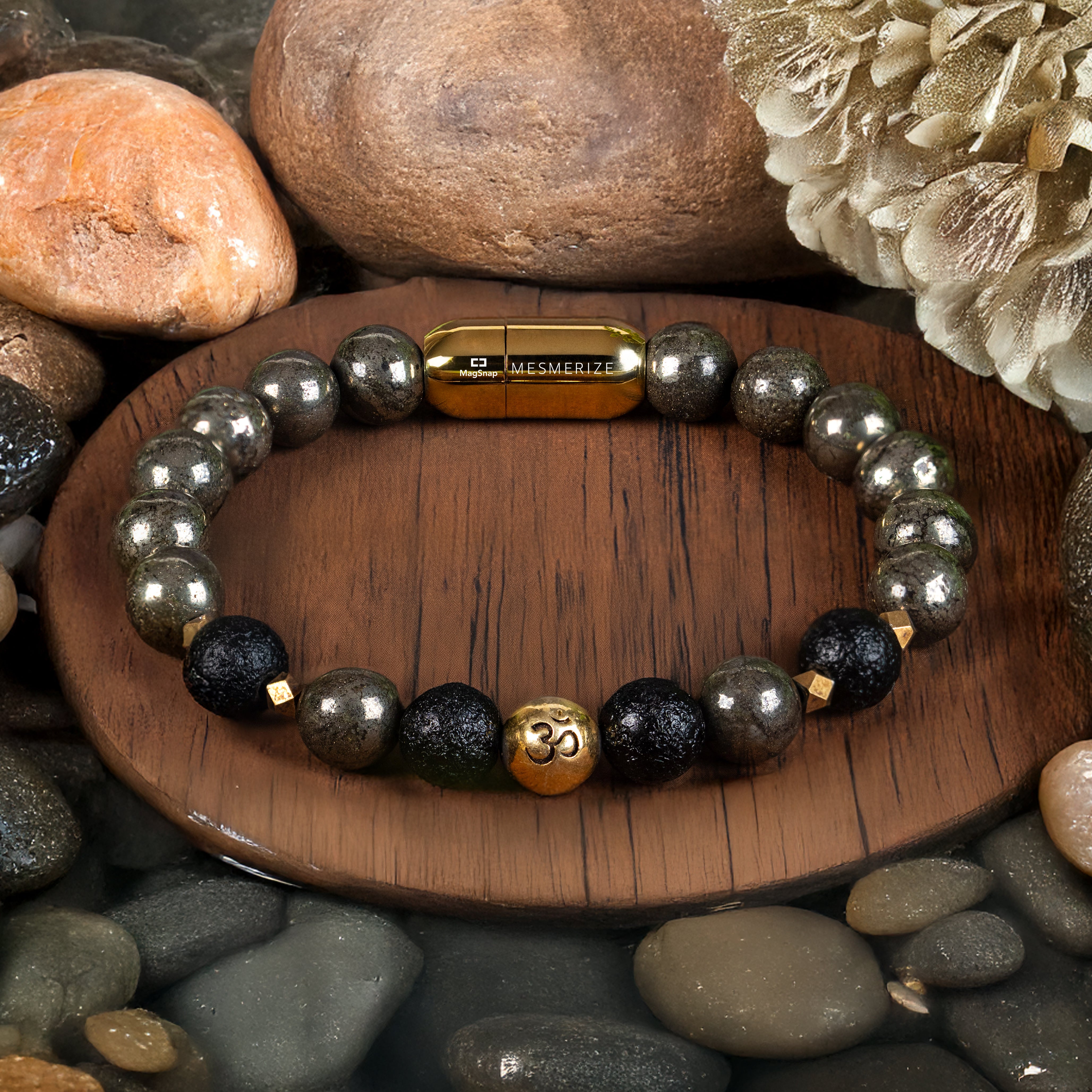 925 Sterling Silver Spiritual Om Pyrite Bracelet with Magsnap2
