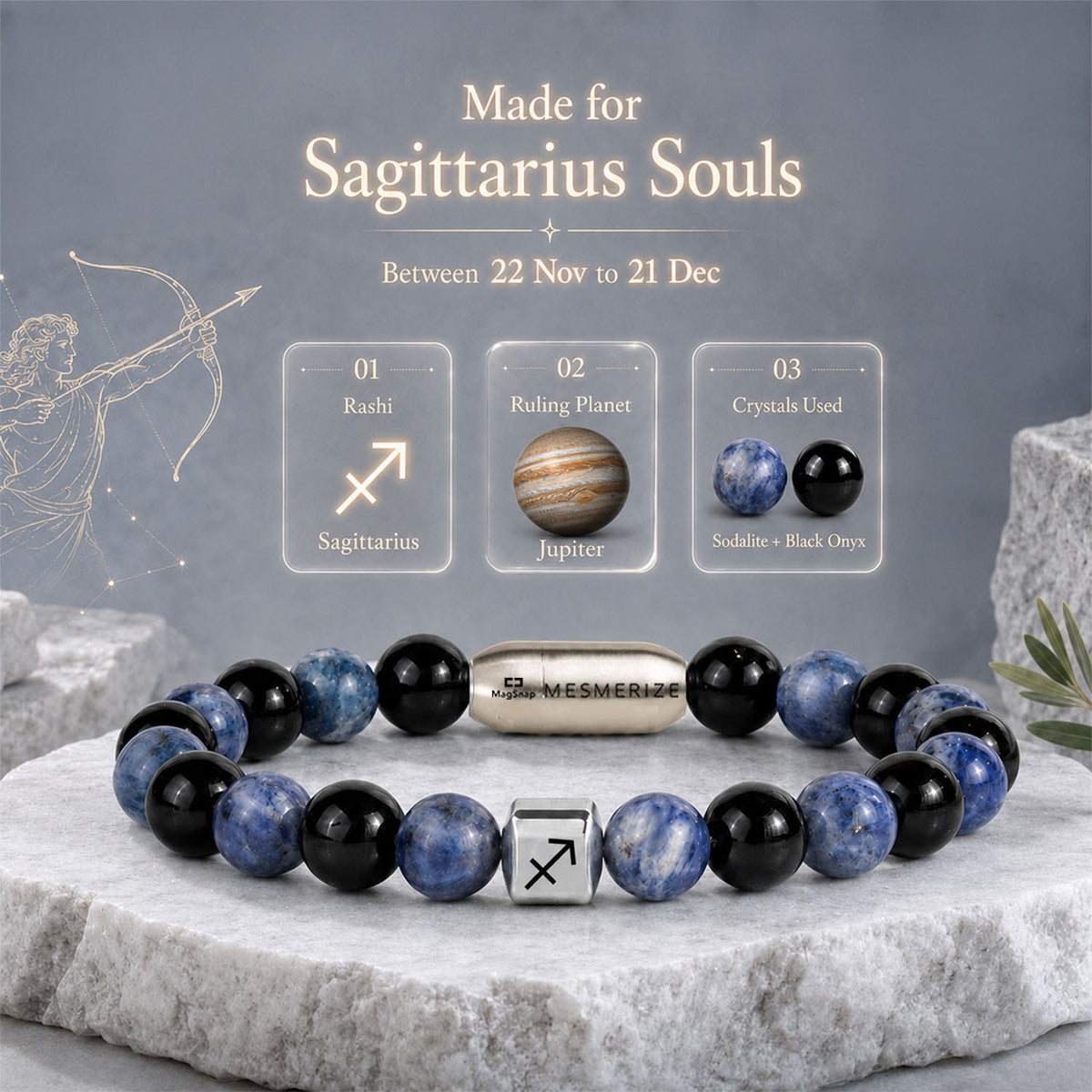 Sagittarius (Dhanu) Zodiac Stone Bracelet with MagSnap