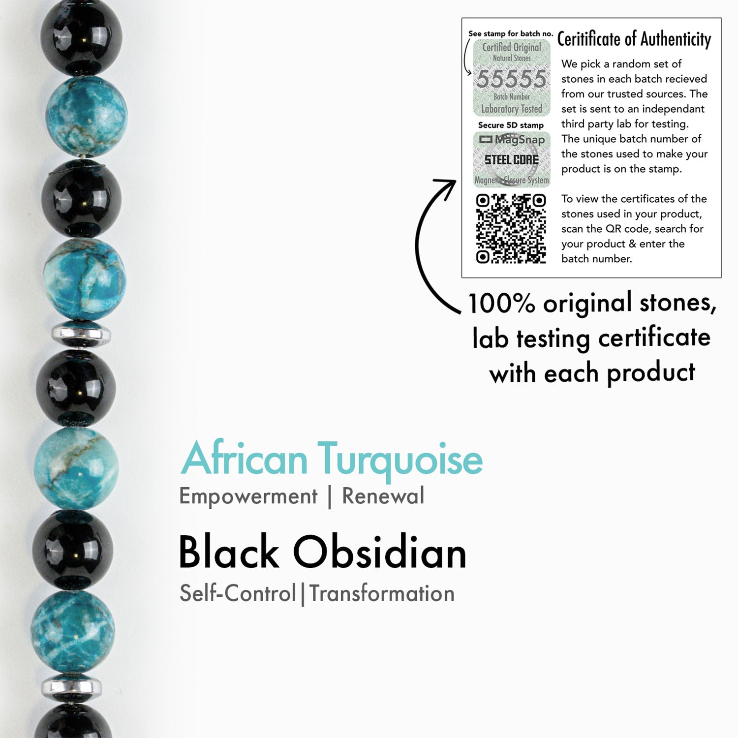 Harmonic African Turquoise & Black Obsidian Natural Stone Bracelet with Magsnap 2