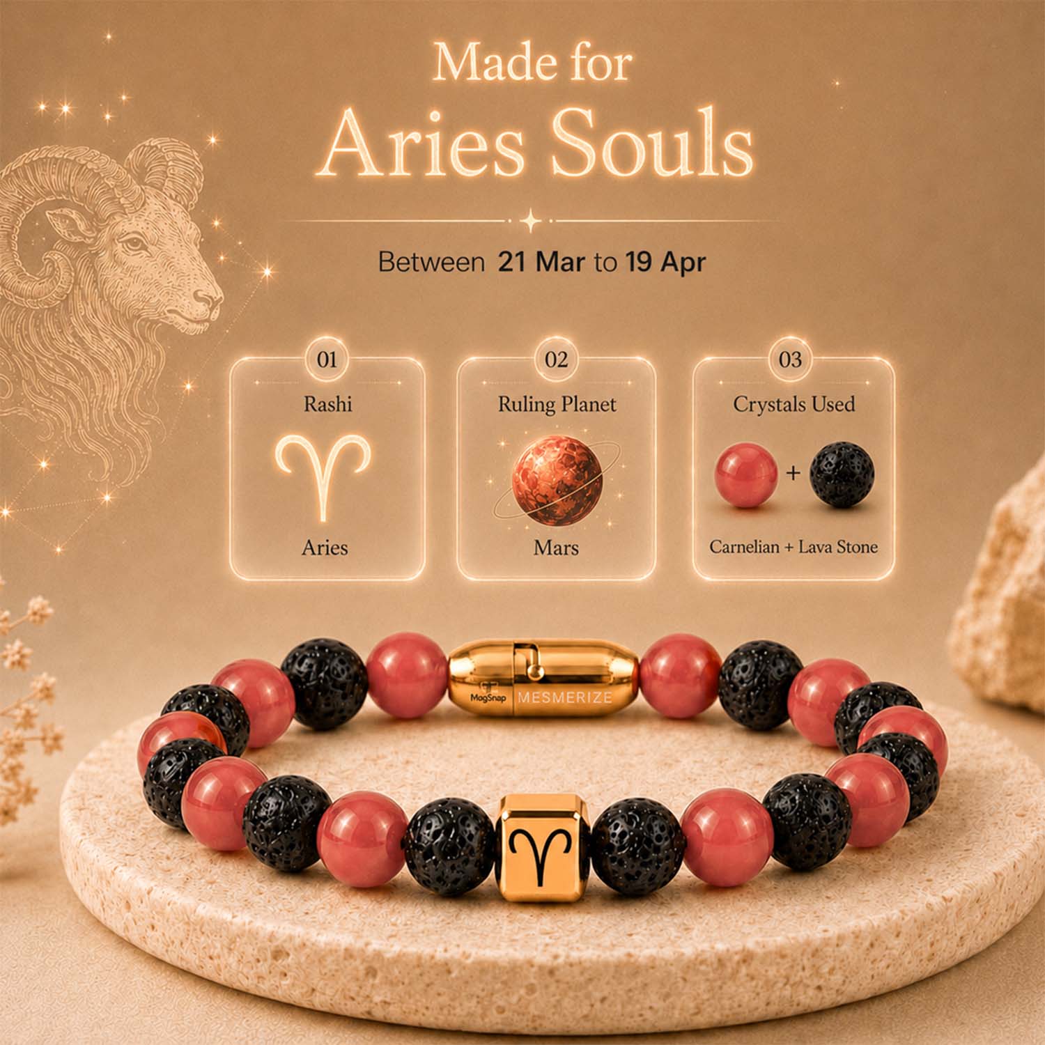 Aries (Mesh) Zodiac Stone Bracelet with MagSnap 4 by Mesmerize