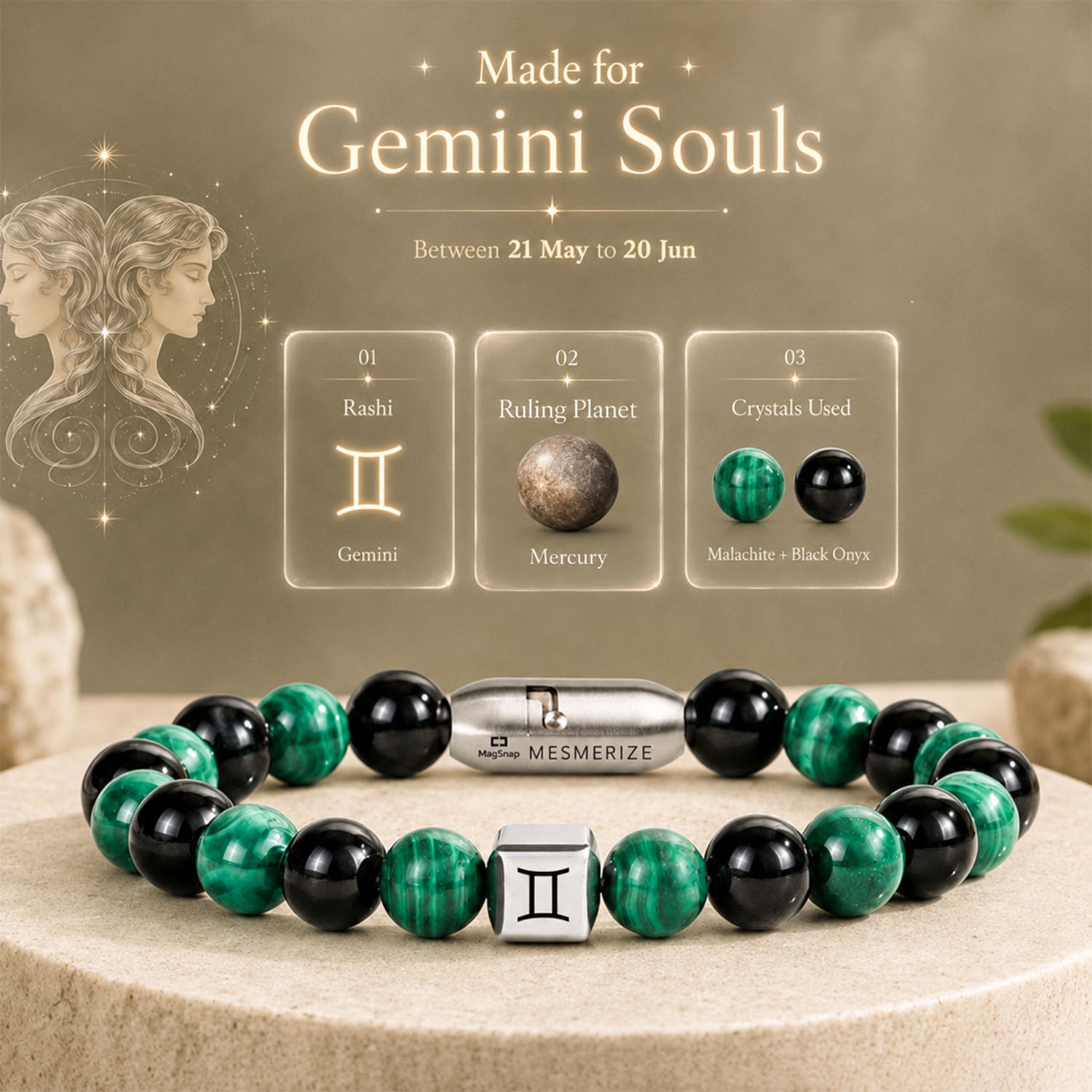 zmillennial ブレスレット Gemini (Mithun) Zodiac Stone Bracelet with MagSnap 4 by Mesmerize