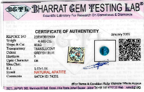 Blue Apatite lab certificate 1