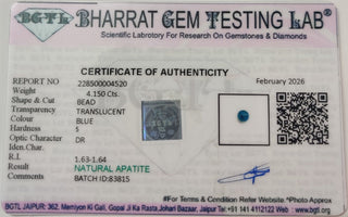 Blue Apatite lab certificate 10