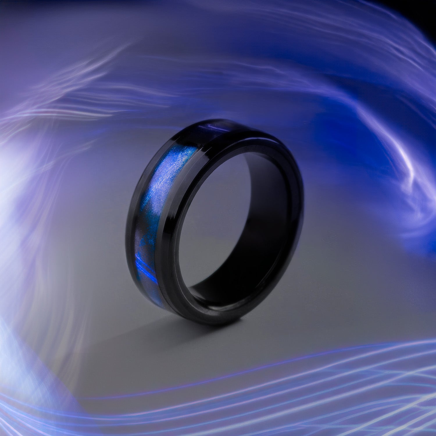 Black Flash Blue Inlay Ring