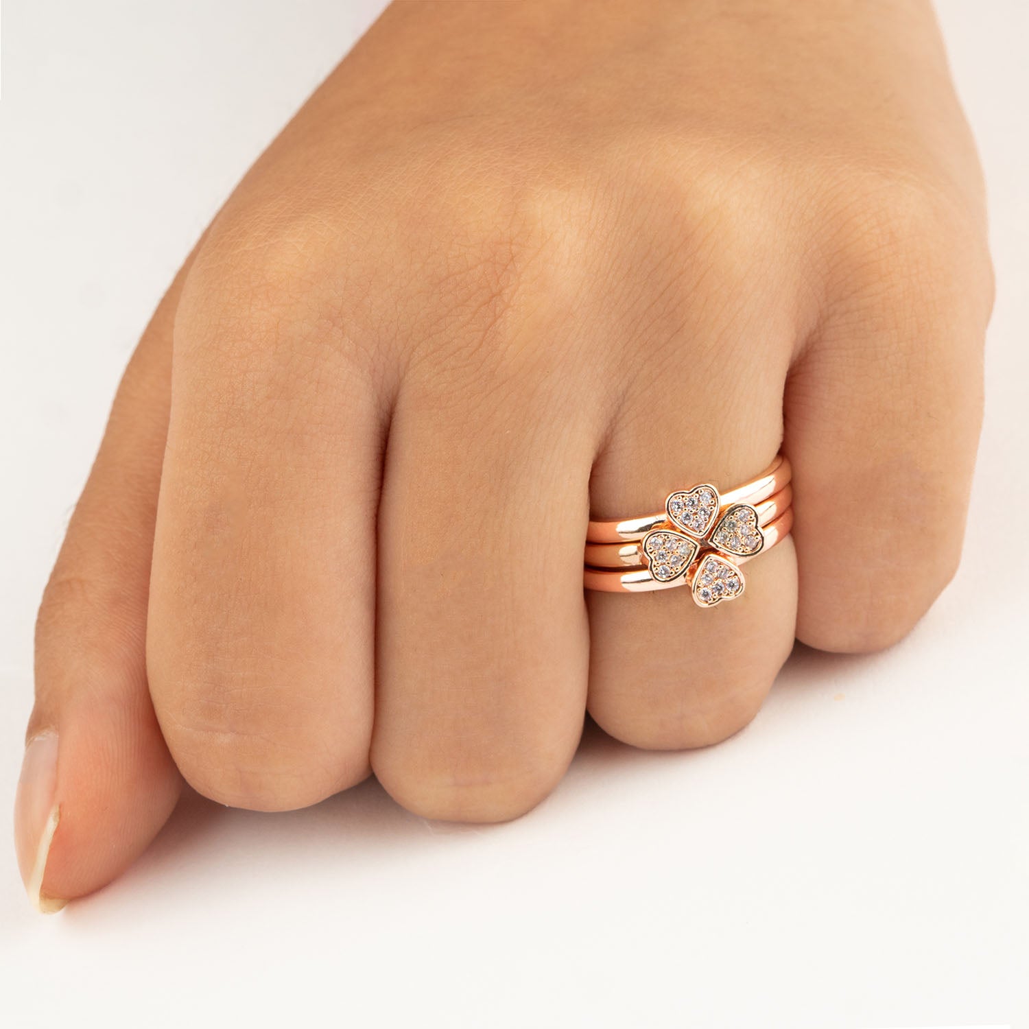 W Premium Jewellery Rose Gold Clover Heart Rings (Pack Of 3)